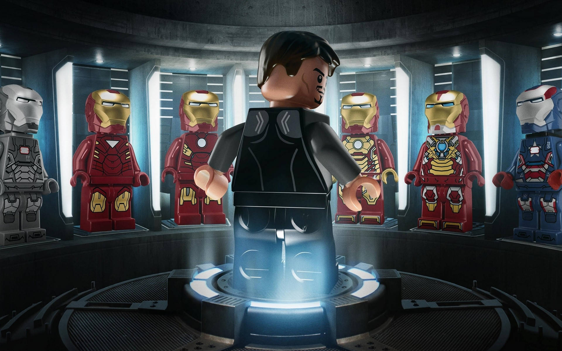 超級英雄 桌布 壁紙 — 一個LEGO Tony Stark站在高科技實驗室中，周圍是發光的展示櫃，裡面有各種Iron Man戰衣。