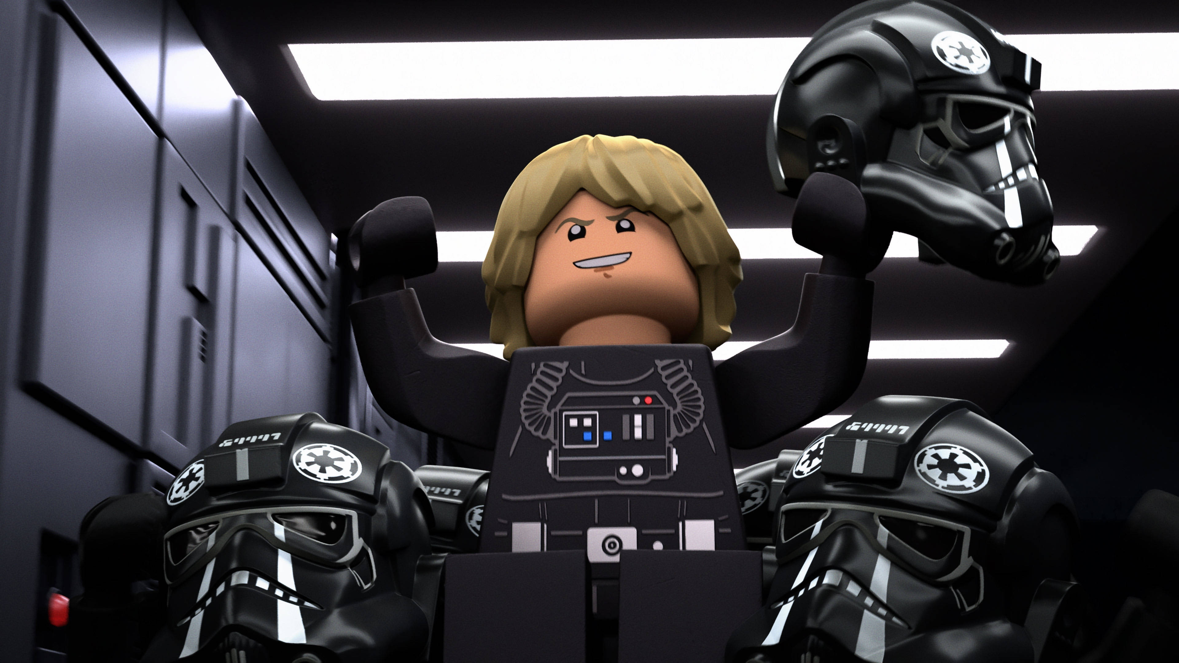 Lego Star Wars 桌布 壁紙 — 一個LEGO 路克·天行者勝利地站在太空船走廊，兩旁有三個LEGO 風暴兵。