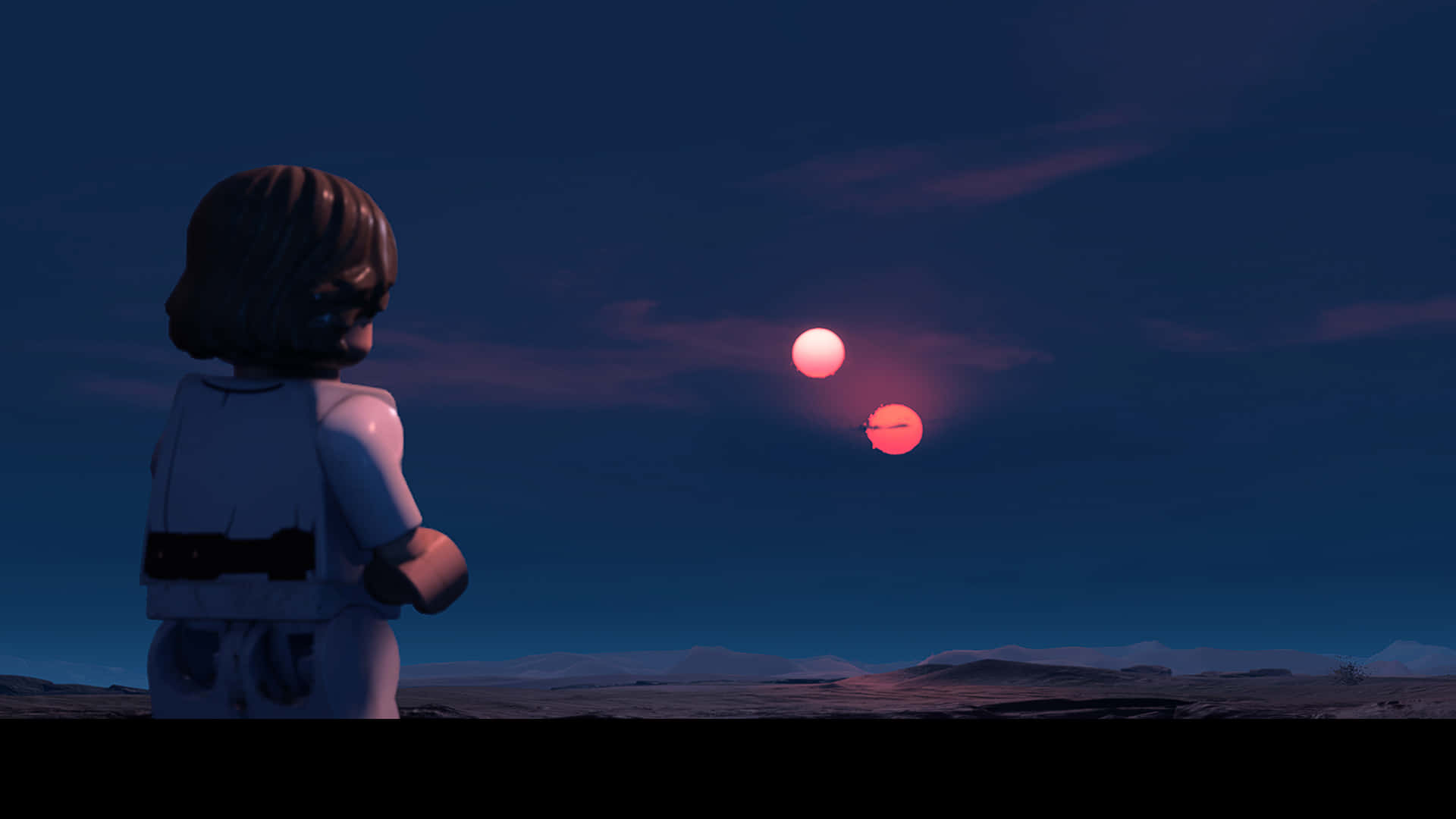 夜空 桌布 壁紙 — 一個LEGO人偶站在荒蕪的星球上，凝視著深藍色天空中兩顆熾熱的紅色夕陽。