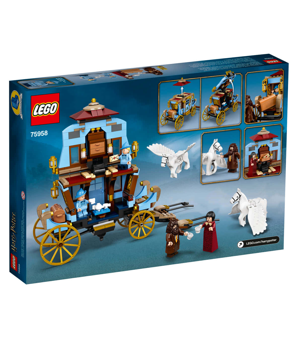 The Hogwarts Carriage 桌布 壁紙 — 一個LEGO哈利波特飛行馬車套裝，包含人偶和帶翼馬匹，背景為藍色。