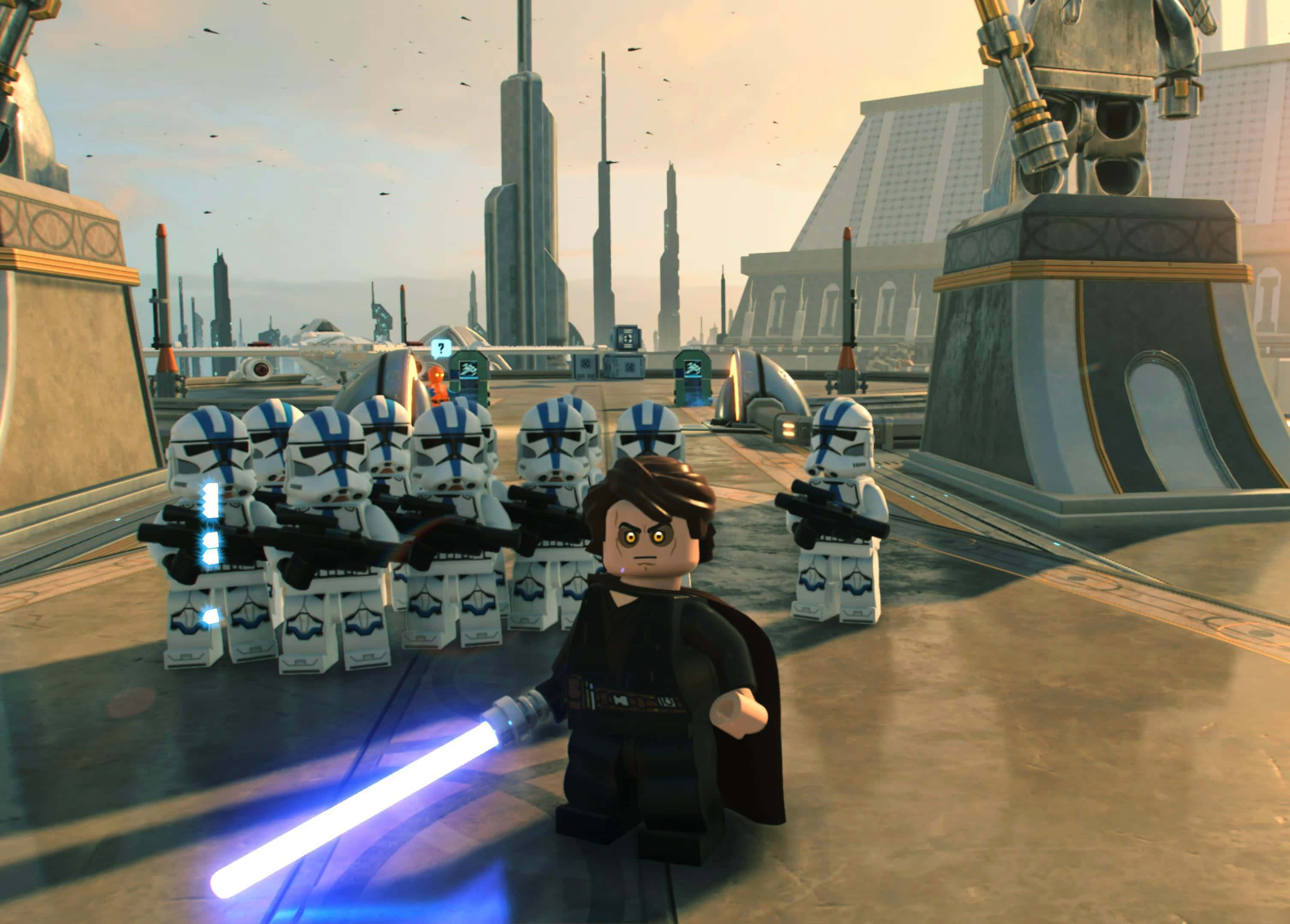The Order 66 桌布 壁紙 — 一個LEGO安納金·天行者在未來城市廣場上，在一隊LEGO複製人士兵面前揮舞藍色光劍。