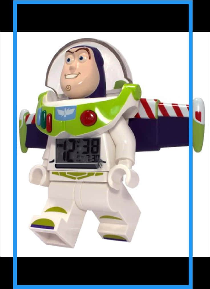 Toy Story Characters 桌布 壁紙 — 一個LEGO巴斯光年動作人偶，帶有數位時鐘，在純白色背景上顯示下午12:38。