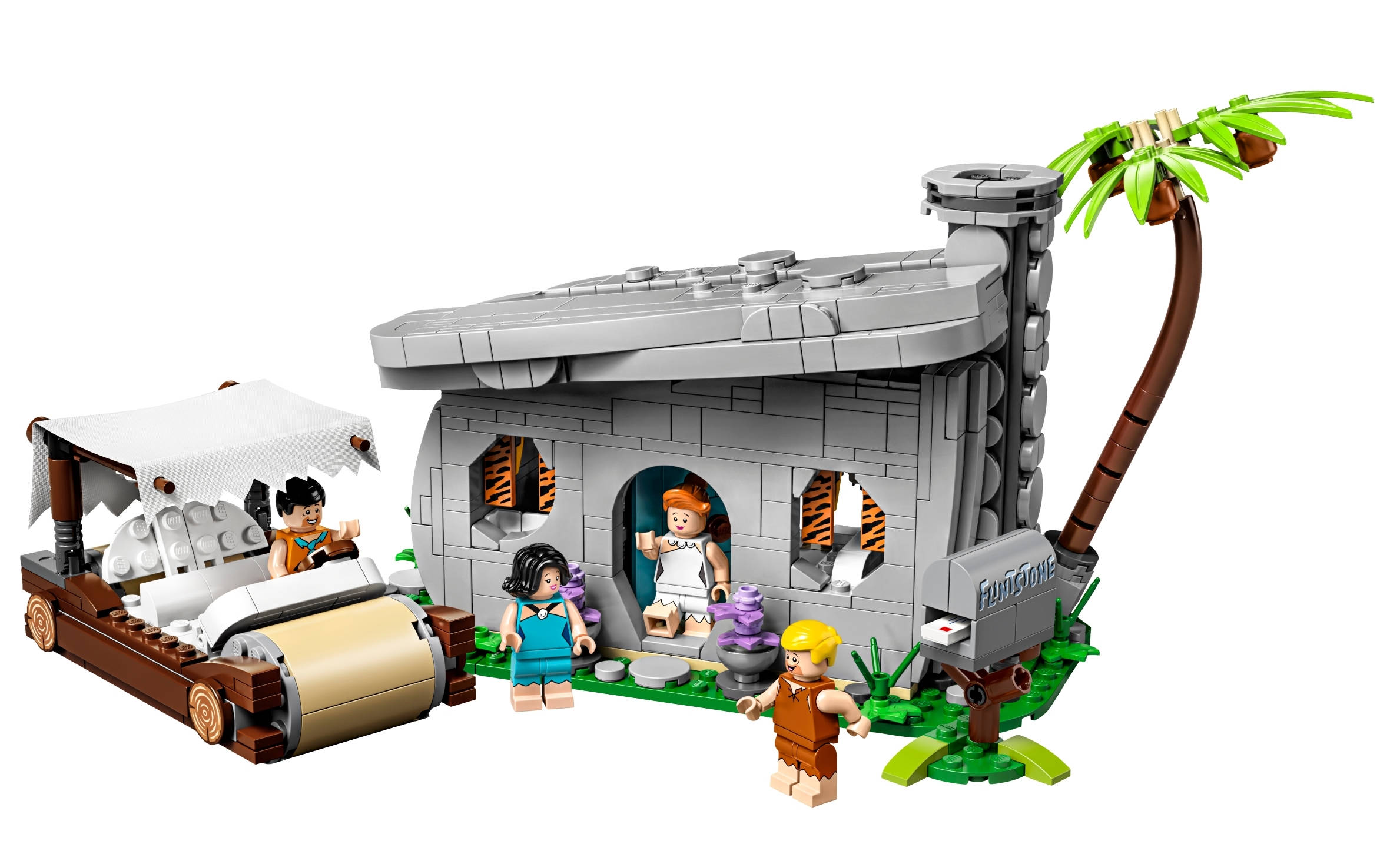 復古 桌布 壁紙 — 一個LEGO摩登原始人系列，包含一個石器時代房屋、角色和一個有篷馬車，背景為白色。