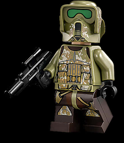 樂高 桌布 壁紙 — 一個LEGO星際大戰複製人士兵迷你人偶，身穿沙漠迷彩裝備，手持爆能槍，背景為黑色。