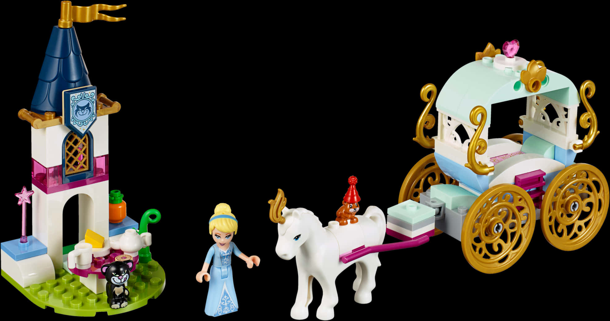 Toy 桌布 壁紙 — 一個LEGO灰姑娘套裝，包含公主、白馬、華麗馬車和城堡，背景為黑色。