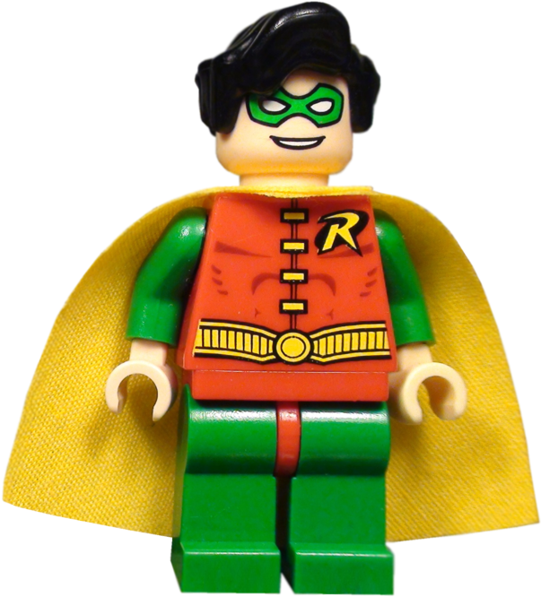 Toy 桌布 壁紙 — 一個LEGO羅賓人偶自信地站在黑色背景前，身穿標誌性的紅綠黃色服裝。