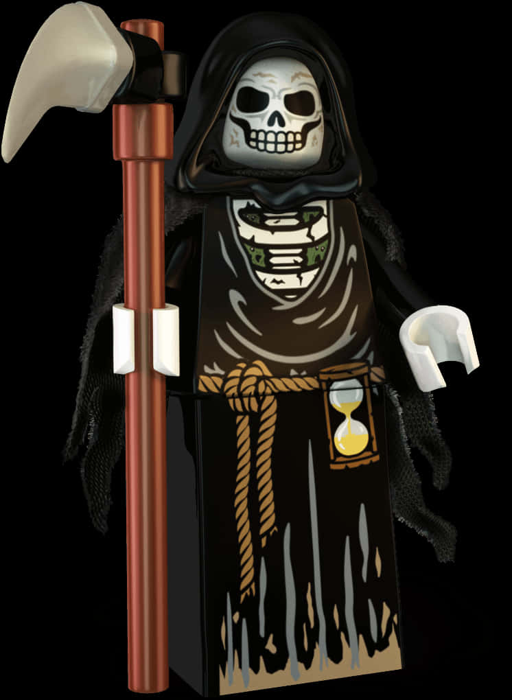 Scythe 桌布 壁紙 — 一個LEGO迷你人偶死神，骷髏臉、黑色兜帽和鐮刀，站在黑暗背景前。