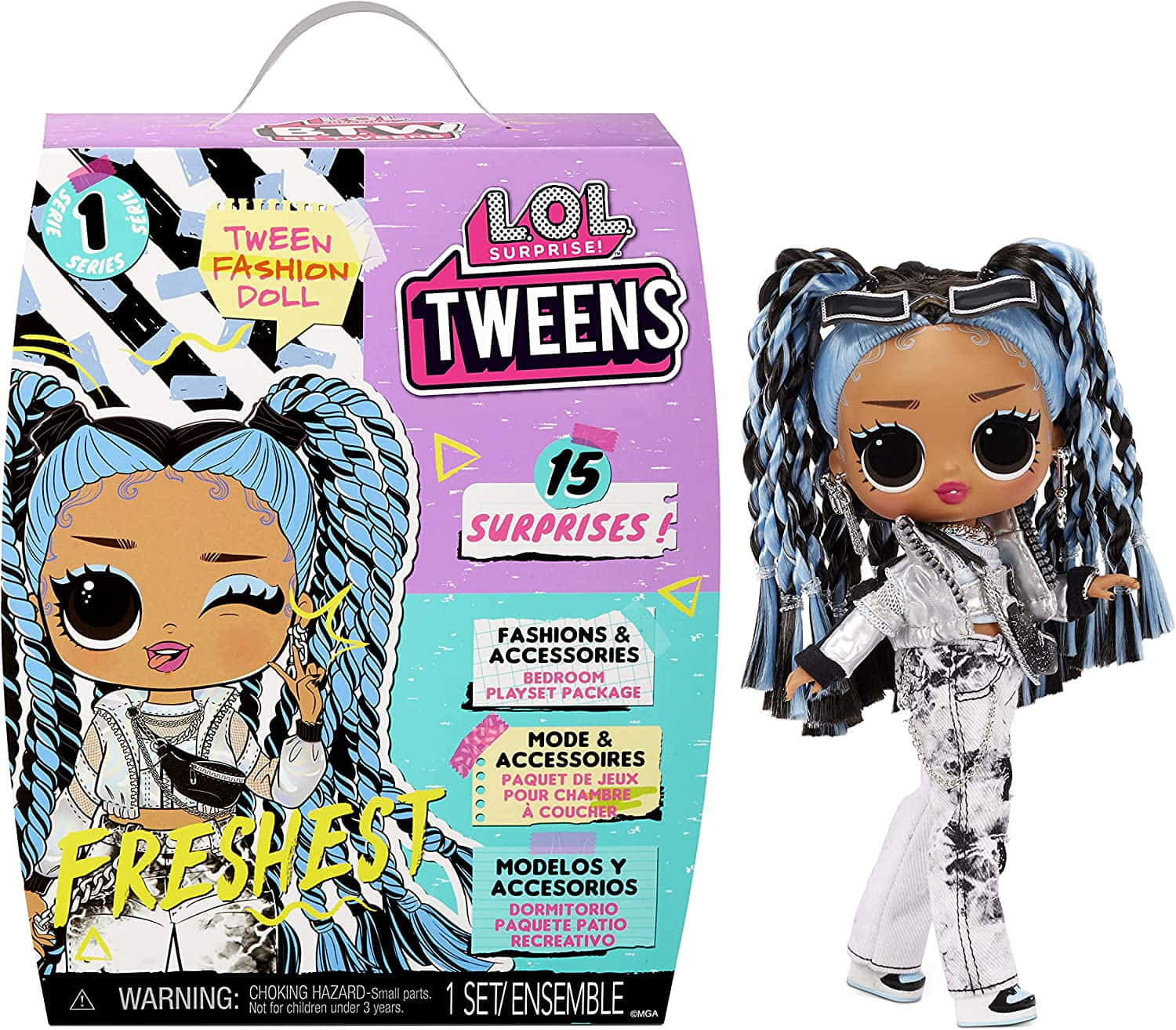 Lol Coloring 桌布 壁紙 — 一個LOL Surprise Tween Fashion Doll，擁有藍色和黑色辮子頭髮及銀色服裝，旁邊是其色彩繽紛的包裝。