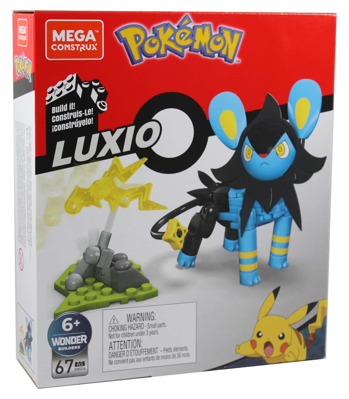 任天堂 桌布 壁紙 — 一個Mega Construx Pokémon Luxio積木套裝盒，內含藍黑色Luxio公仔、黃色閃電效果，以及一隻從角落探頭的Pikachu。