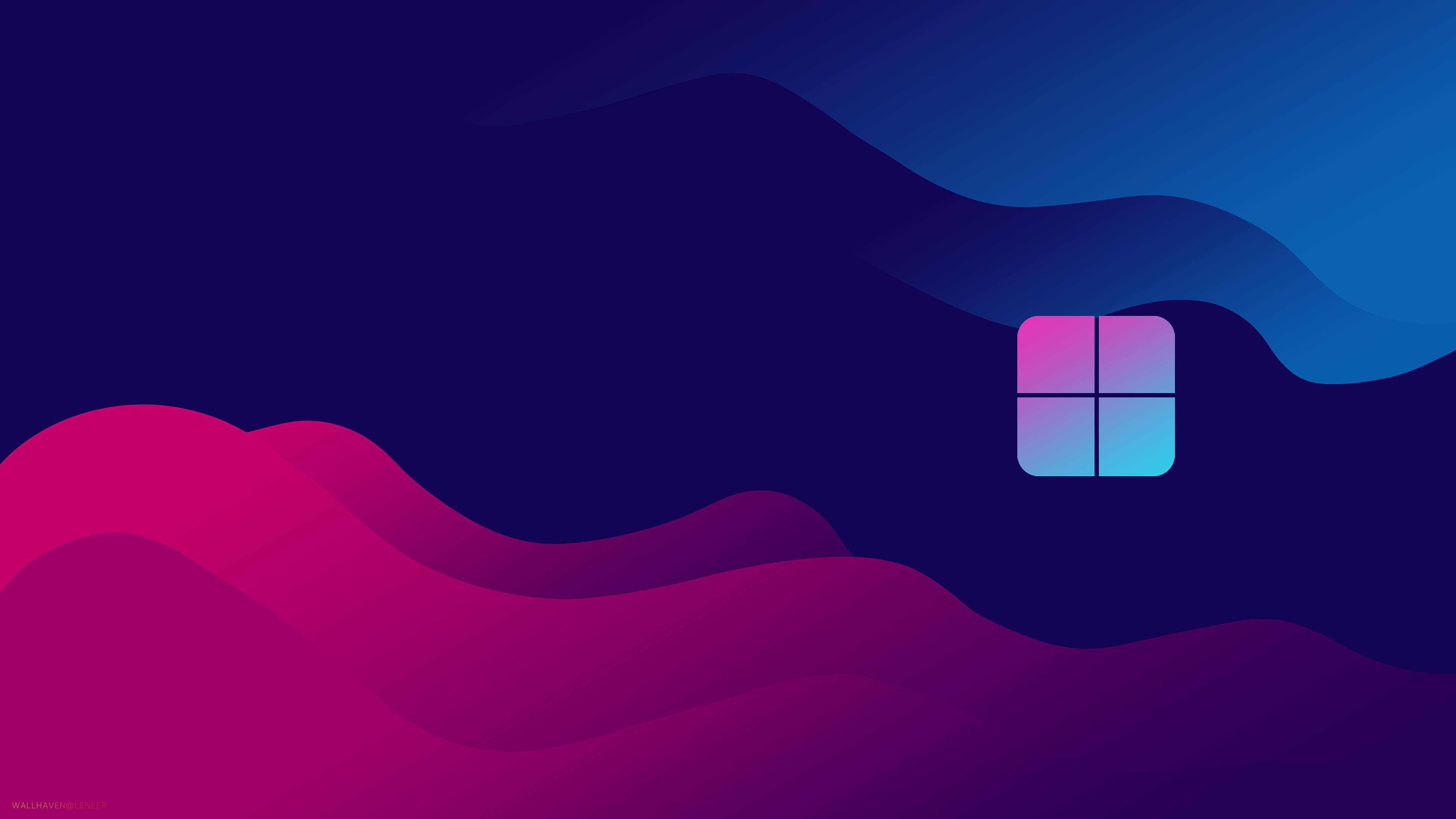 Windows 桌布 壁紙 — 一個Microsoft標誌漂浮在流動的洋紅色和藍色波浪之上，背景是漸變的數位天空。