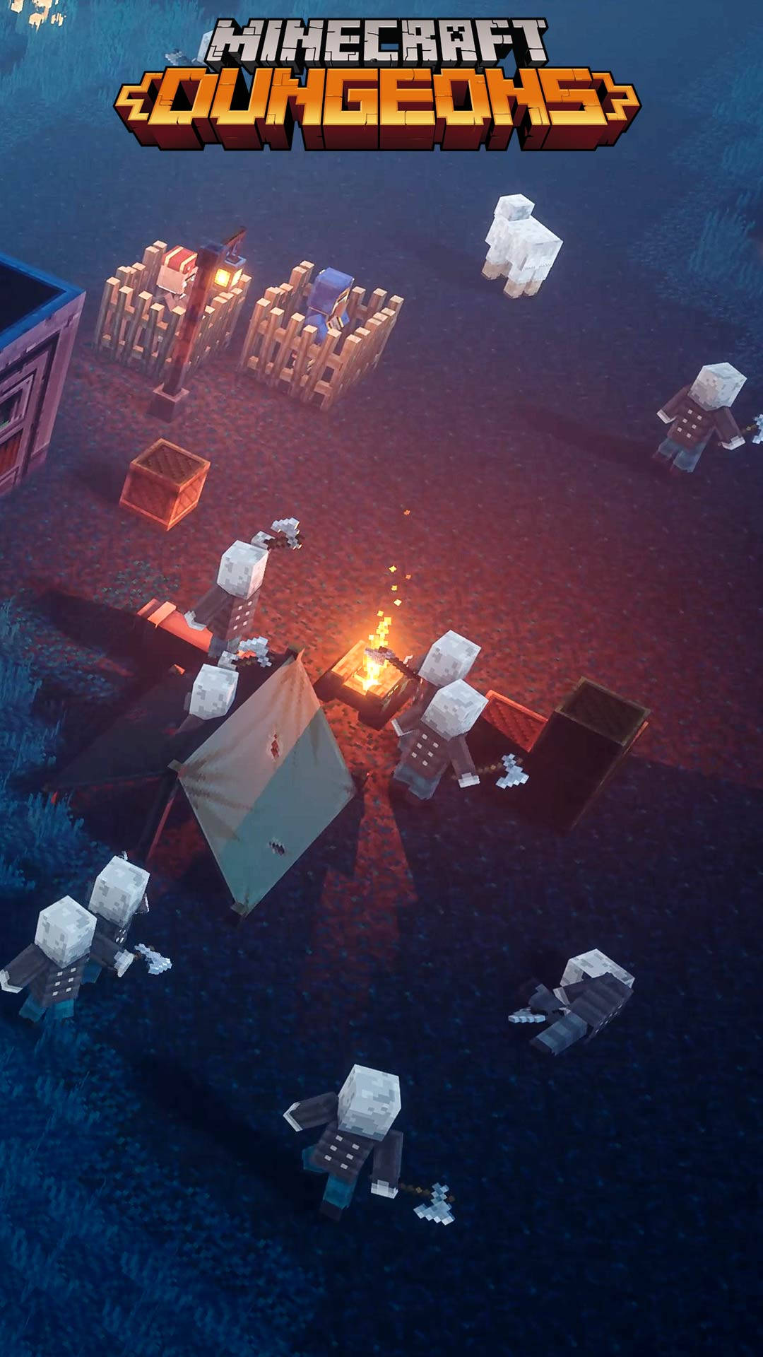  壁紙 — 一個Minecraft Dungeons營火場景，像素化角色圍繞著發光的火焰，處於深藍色環境中。