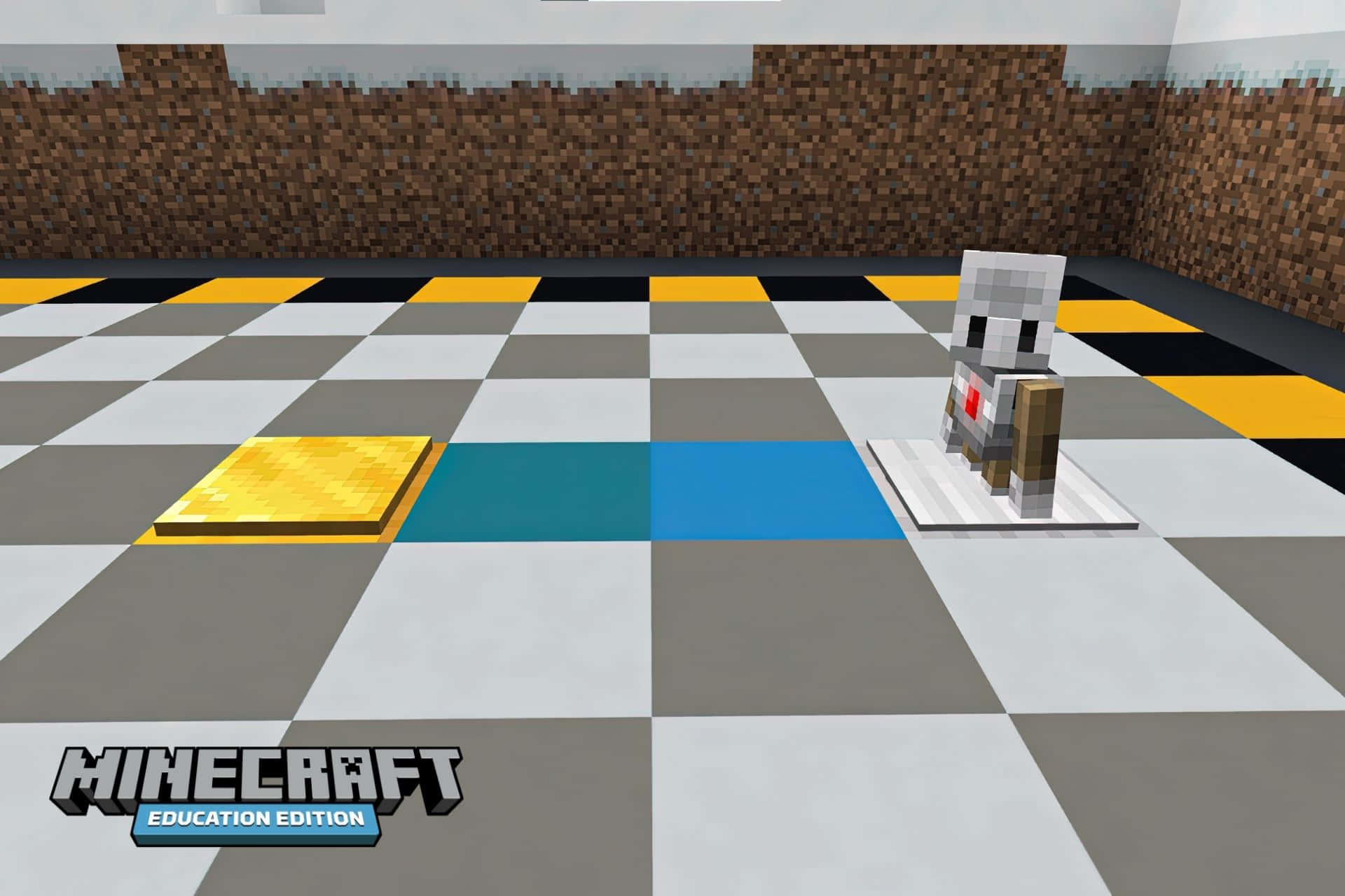 Minecraft Education Edition 桌布 壁紙 — 一個Minecraft Education Edition骷髏站在棋盤格地板上，旁邊有一個金塊，房間是方塊狀的木牆。