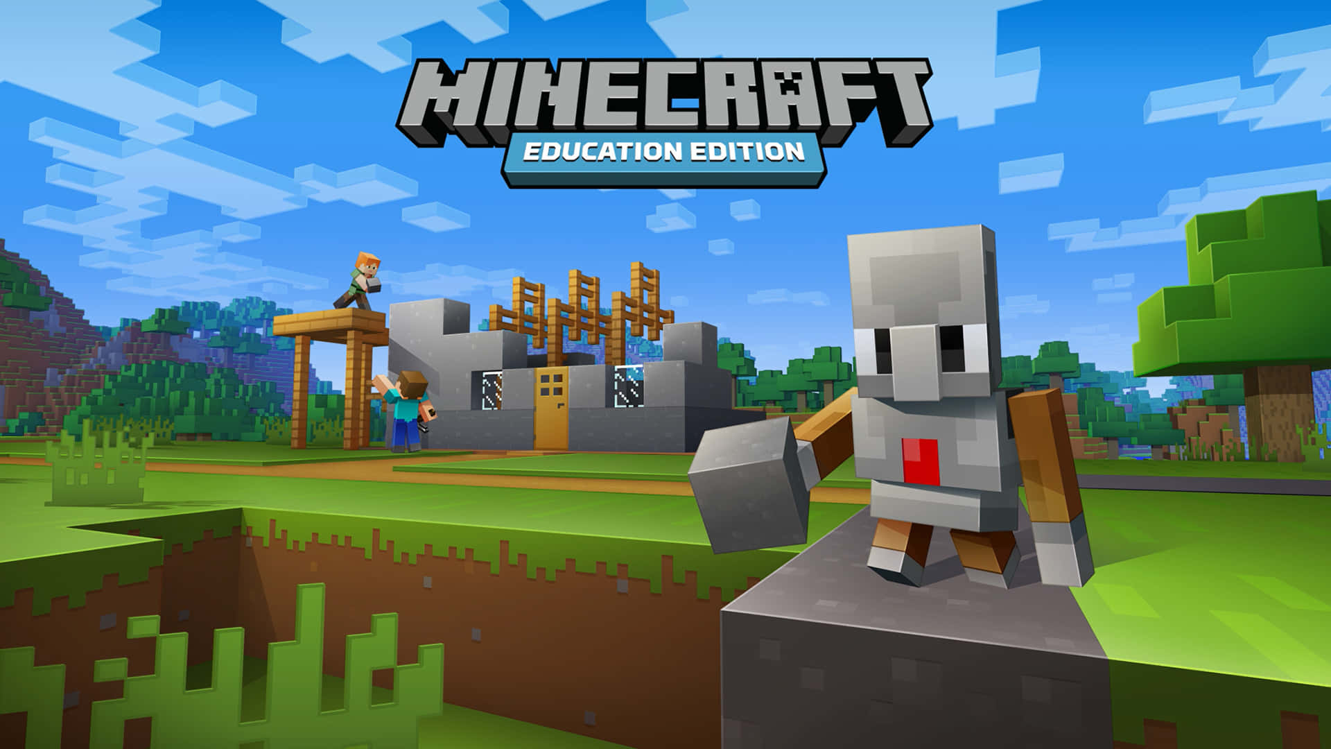 Minecraft Education Edition 桌布 壁紙 — 一個Minecraft Education Edition場景，有方塊角色在明亮的藍天和像素化雲朵下建造建築物。