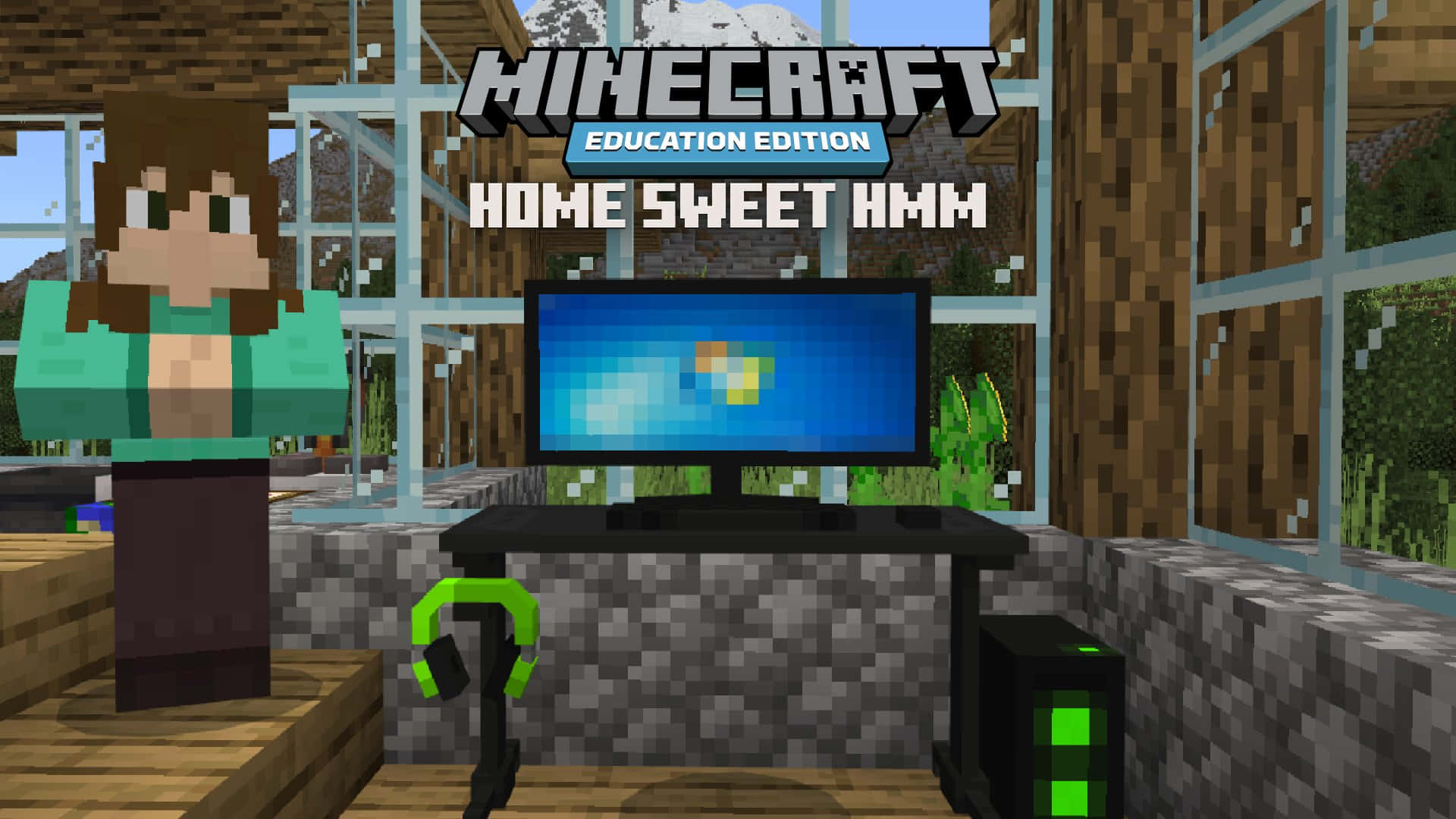 Minecraft Education Edition 桌布 壁紙 — 一個Minecraft Education Edition角色站在一個像素化的木房間裡，有一台電腦顯示著色彩繽紛的畫面。
