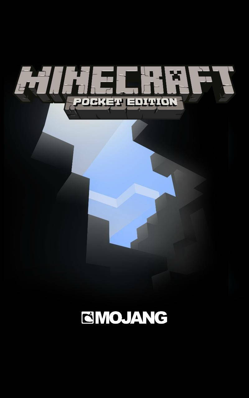 Minecraft Logo 桌布 壁紙 — 一個Minecraft Pocket Edition標誌，帶有一個像素化的洞，在黑暗的方塊背景中露出明亮的藍天。