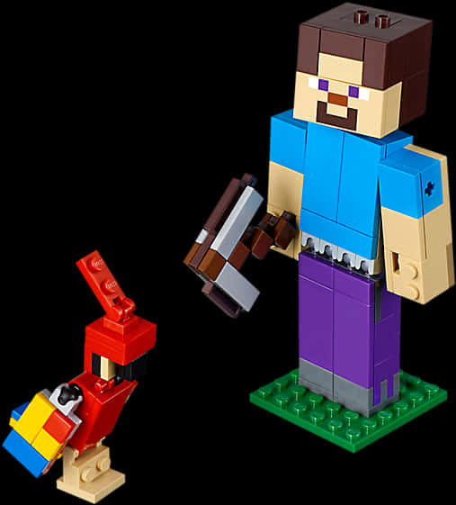 Minecraft Characters 桌布 壁紙 — 一個Minecraft Steve和一隻紅色鸚鵡LEGO迷你人偶站在黑色背景前，背景有方塊細節和鮮豔色彩。