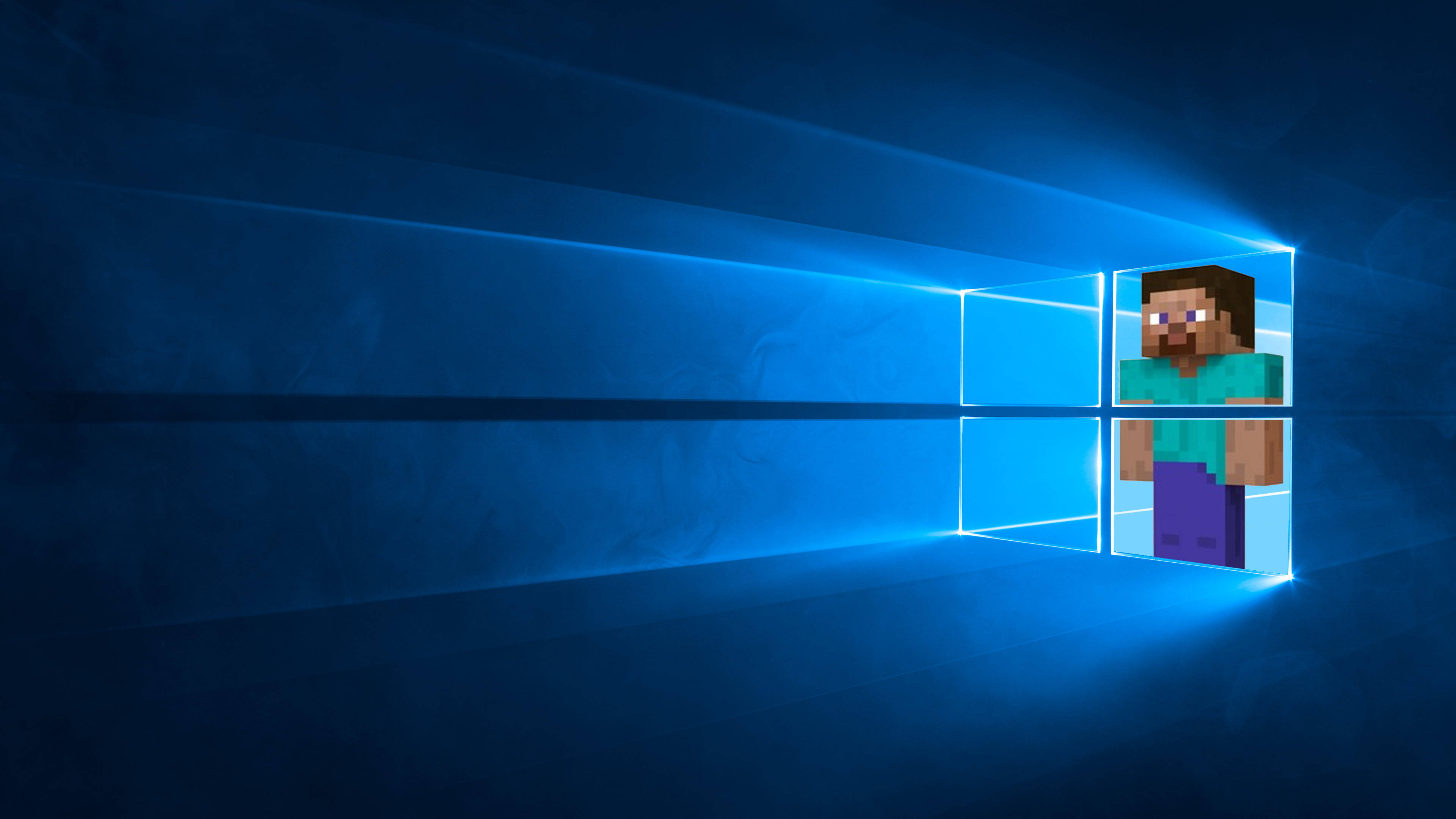 我的世界 史蒂夫 桌布 壁紙 — 一個Minecraft Steve角色站在發光藍色Windows標誌視窗內，背景為深藍色漸變。