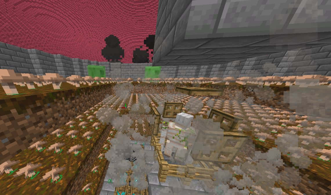 Minecraft Slime Farming 桌布 壁紙 — 一個Minecraft像素化地下洞穴，有石牆、熔岩池和發光的綠色方塊，天空呈紅色。