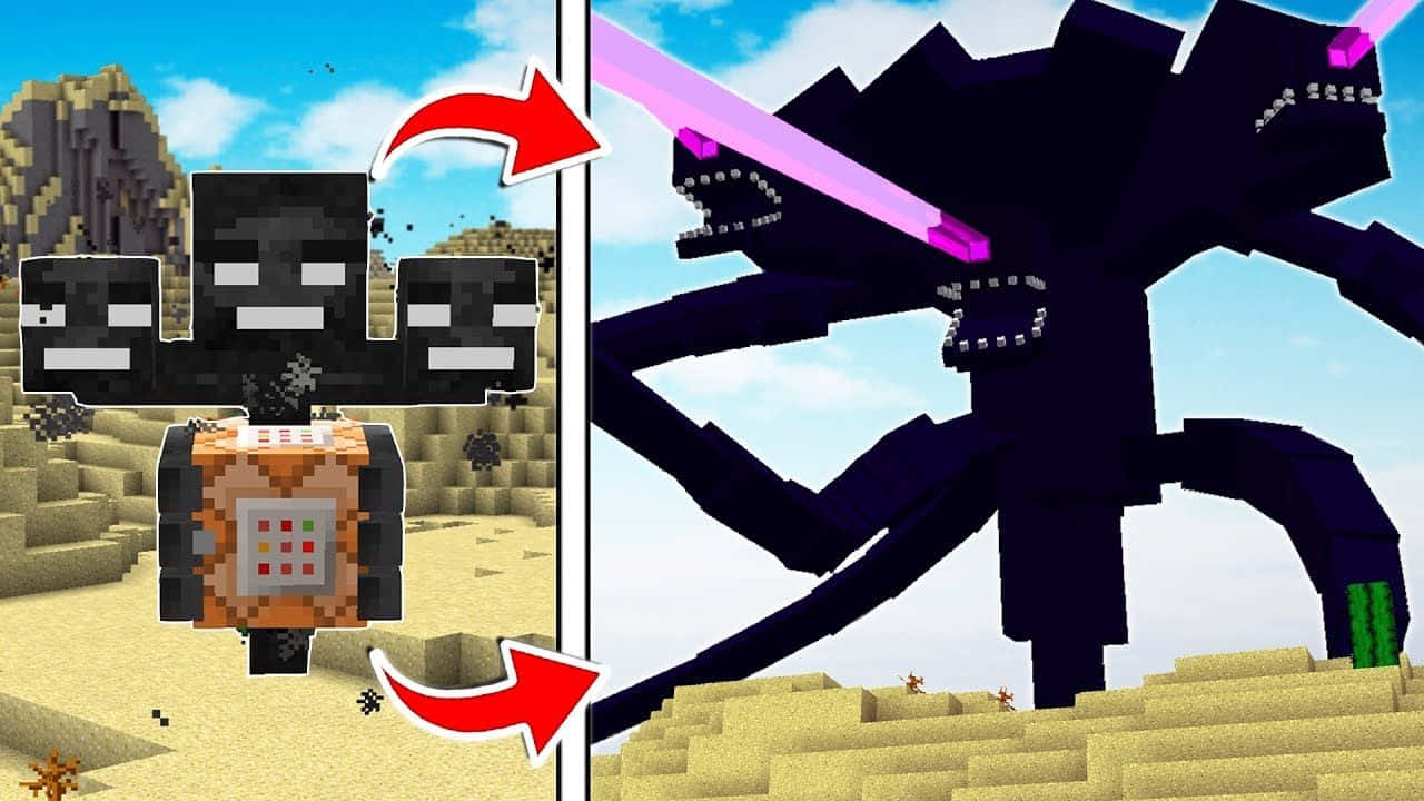 Minecraft Characters 桌布 壁紙 — 一個Minecraft像素場景顯示玩家角色變成一隻巨大的黑色蜘蛛，手持發光紫色劍。