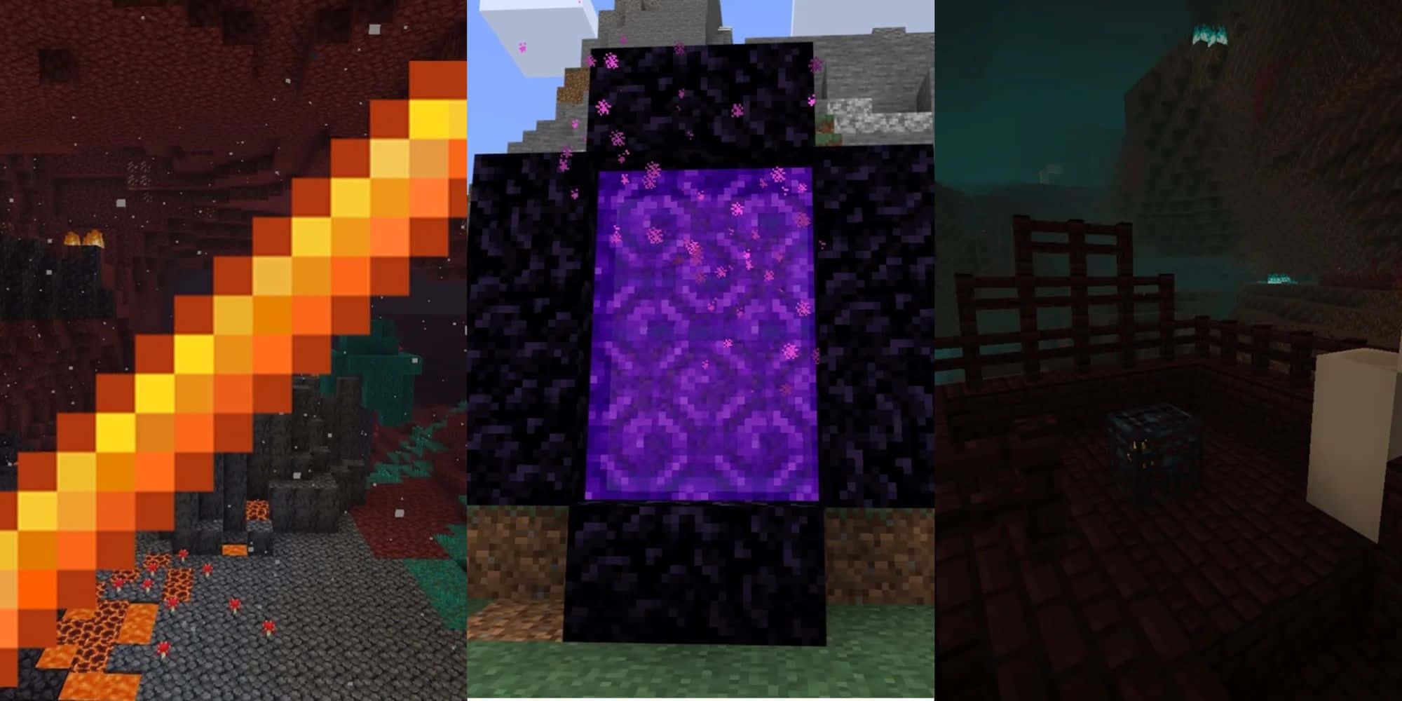 Minecraft Blaze Farming 桌布 壁紙 — 一個Minecraft場景，包含熾熱的熔岩流、發光的紫色傳送門，以及在星空下昏暗的木製結構。
