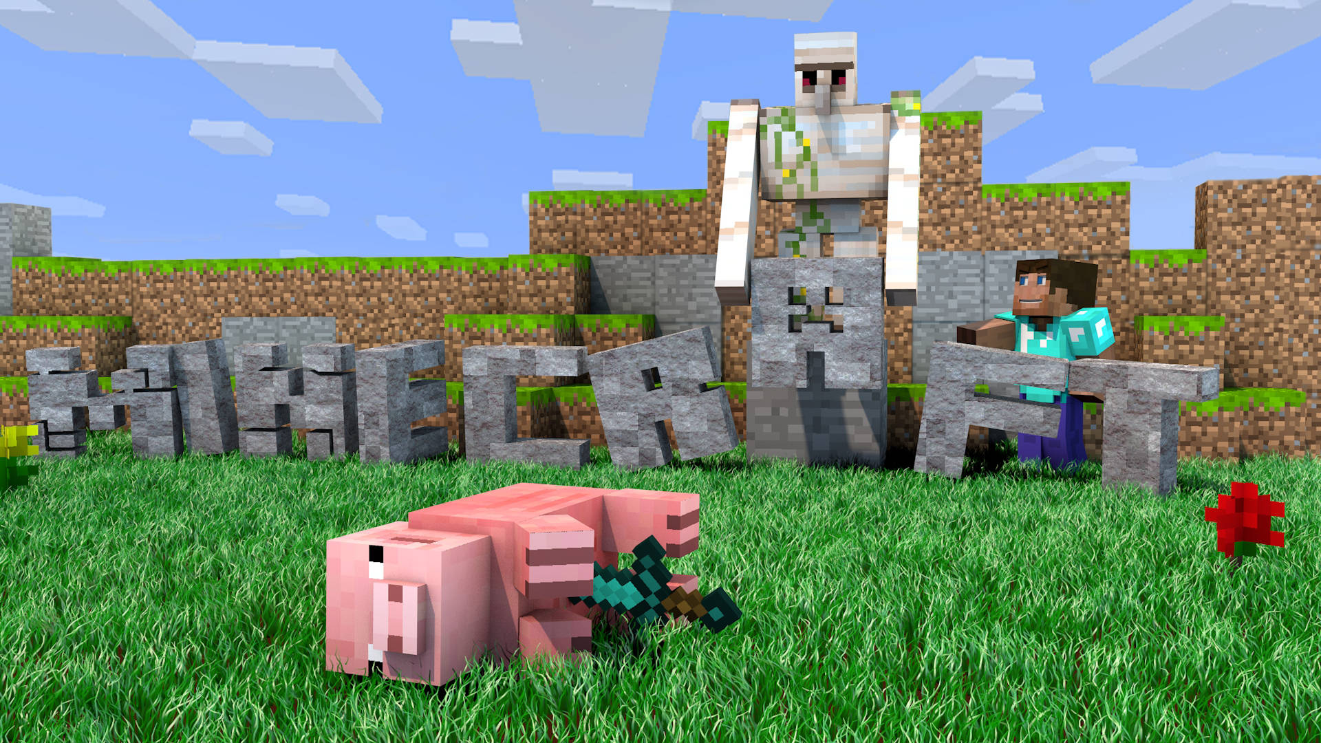 我的世界 史蒂夫 桌布 壁紙 — 一個Minecraft場景，玩家角色手持劍，站在豬和骷髏旁邊，身處藍天下的草地。
