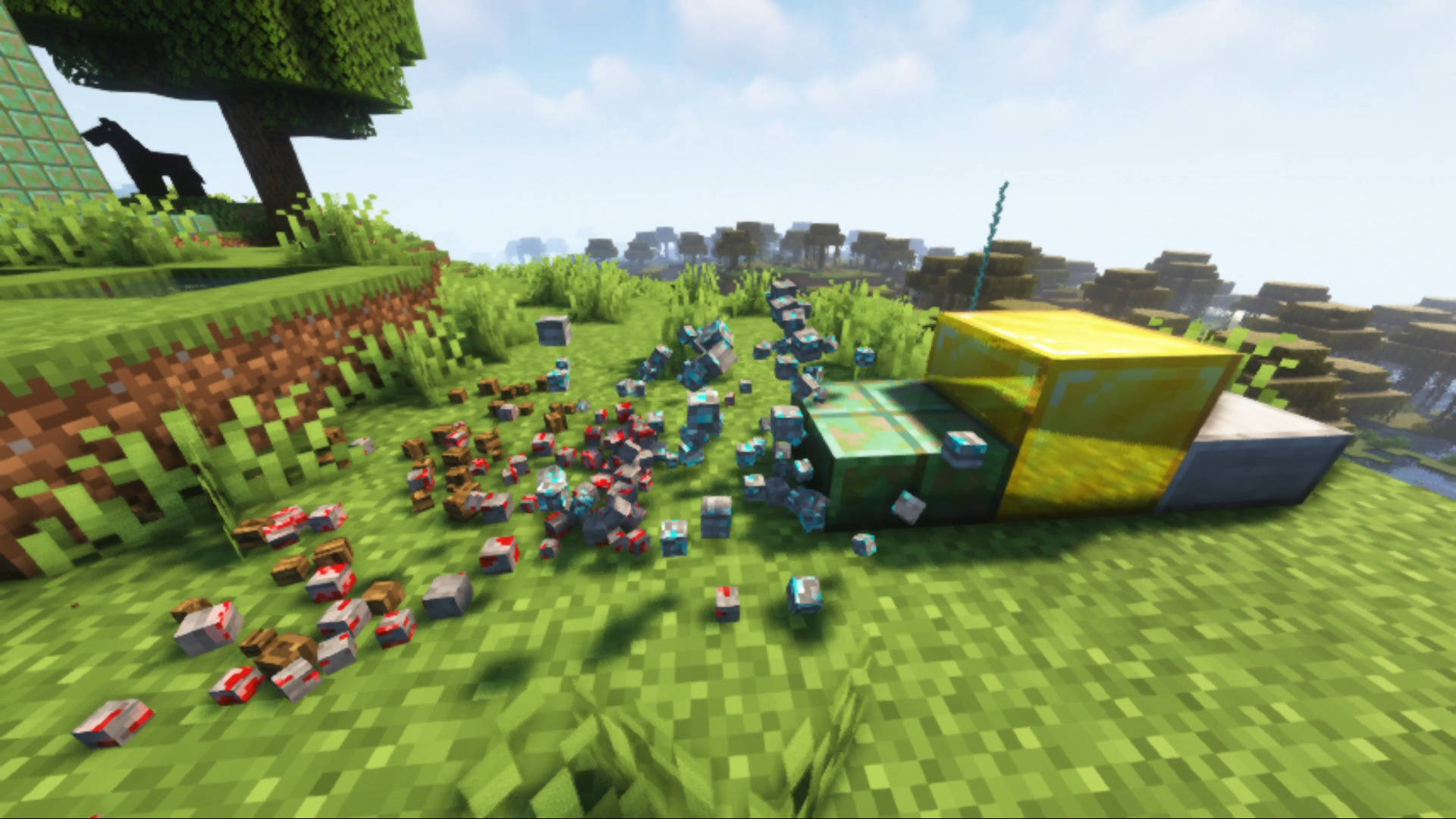 一輛像素化的Minecraft車輛在草坡上損毀，板條箱散落一地。