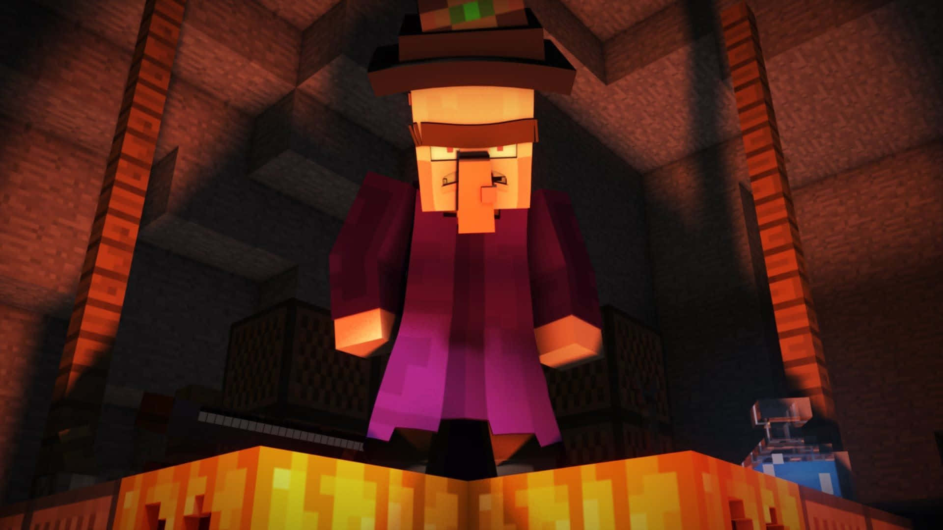 Minecraft Witch 桌布 壁紙 — 一個Minecraft女巫站在一個光線昏暗的石室中，被發光的橙色火炬和下方熾熱的大鍋照亮。