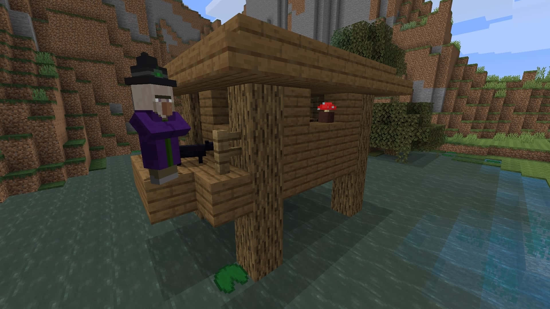 Minecraft Witch 桌布 壁紙 — 一個Minecraft女巫站在水上木製平台上，旁邊是一個蘑菇屋，背景是方塊狀的山區景觀。