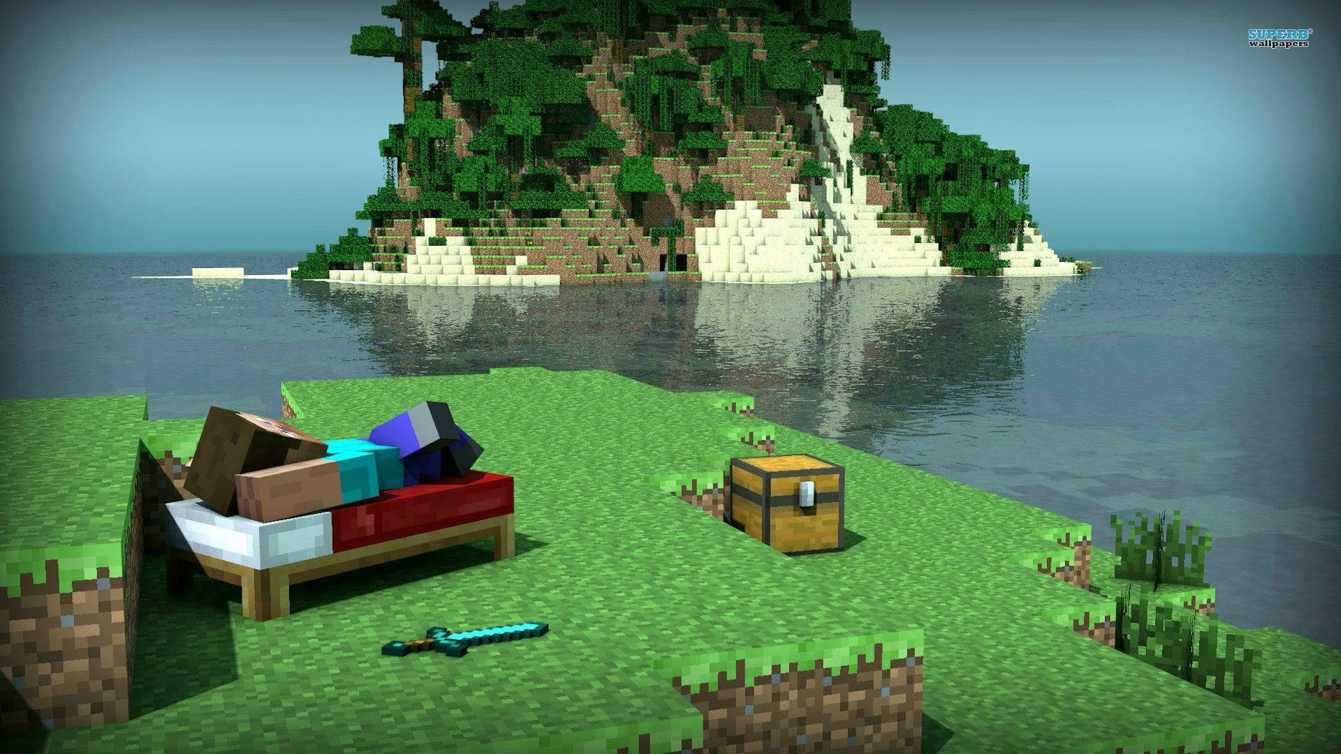 Minecraft島嶼，草地上有床、儲物箱和劍，近水邊。