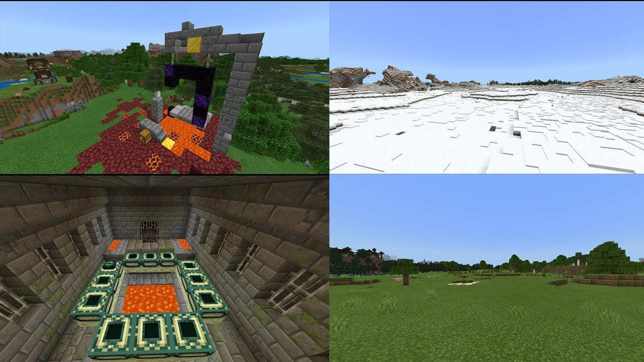 Minecraft Bedrock Edition 桌布 壁紙 — 一個Minecraft拼貼畫，展示地獄傳送門、雪地平原、地獄傳送門房間和晴朗藍天下的草地。
