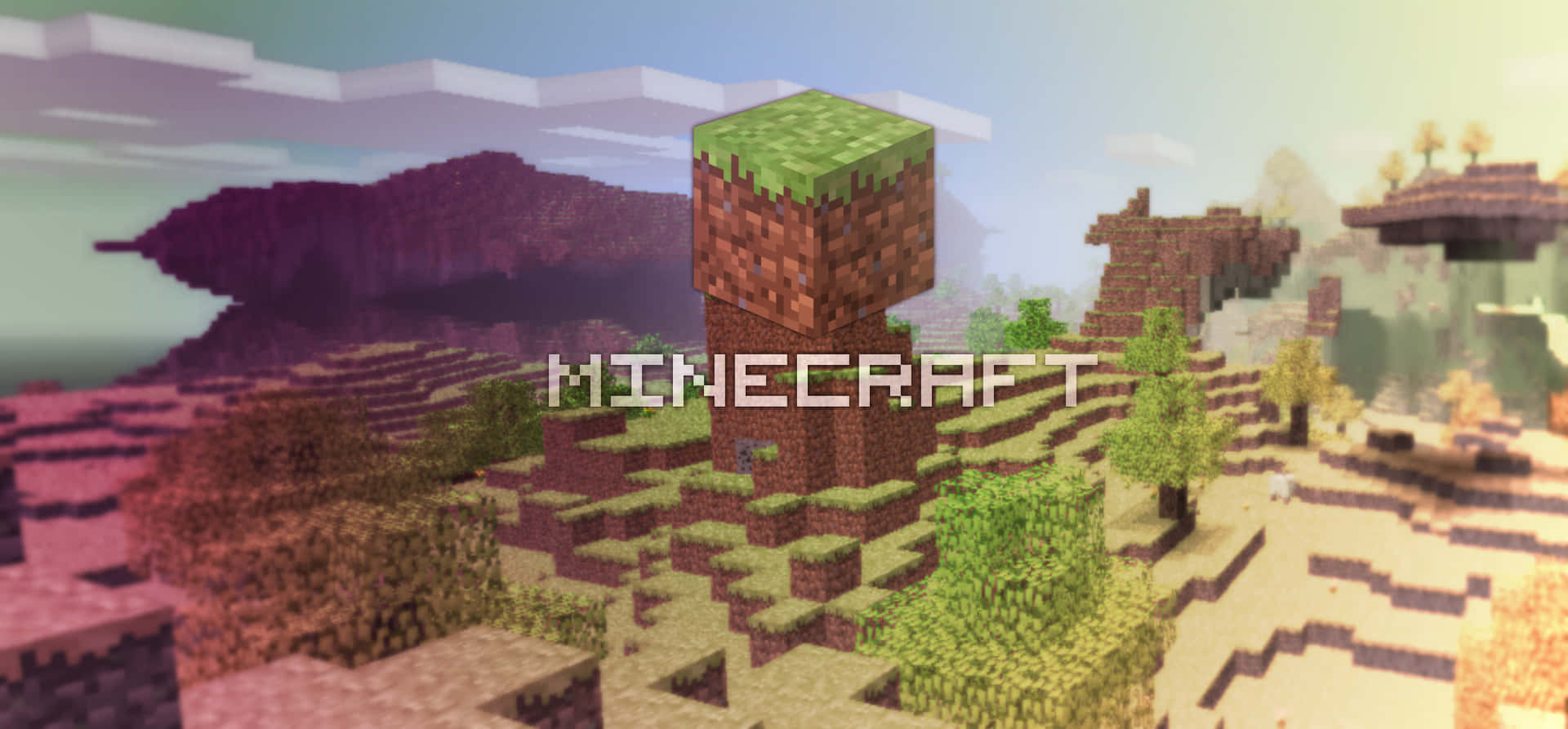 Kids Game 桌布 壁紙 — 一個Minecraft景觀，有塊狀地形、樹木和一個高聳的泥土塔，在柔和粉彩天空下。