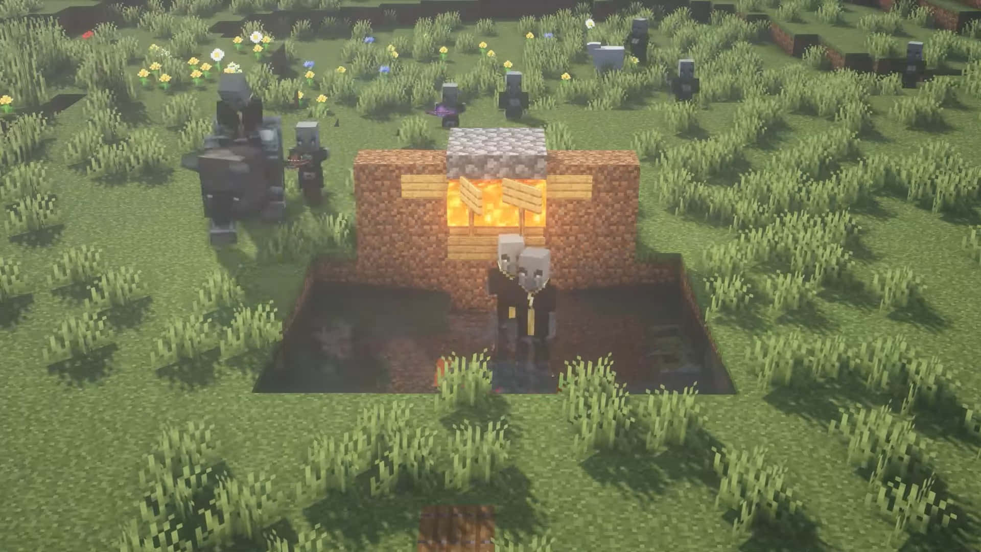 Minecraft Farming 桌布 壁紙 — 一個Minecraft村民站在一間木屋前，屋內有發光的熔爐，草地上點綴著花朵和殭屍。