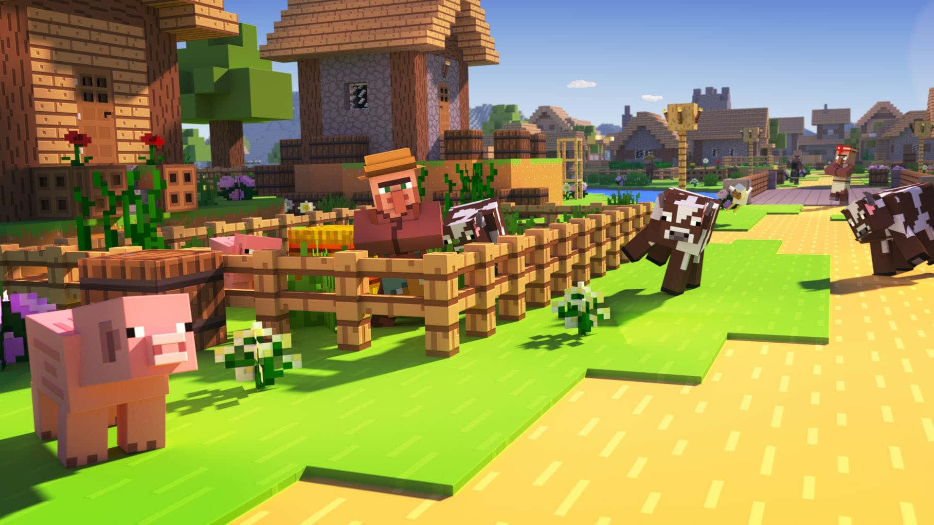 Minecraft Villagers 桌布 壁紙 — 一個Minecraft村民站在木柵欄旁邊，有豬和牛在一個陽光明媚的村莊，有方塊房屋和綠色草地。