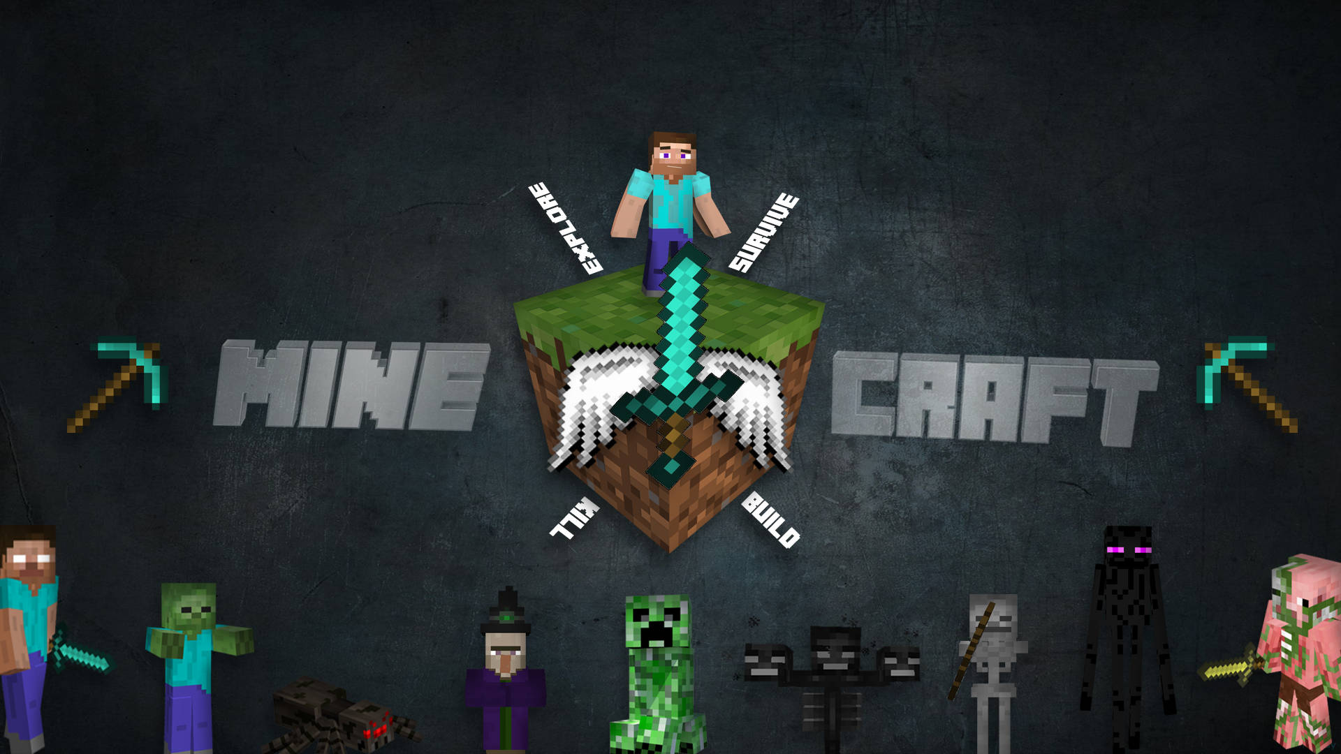電玩遊戲 桌布 壁紙 — 一個Minecraft標誌，Steve站在浮動方塊上，周圍是標誌性的像素角色和工具。