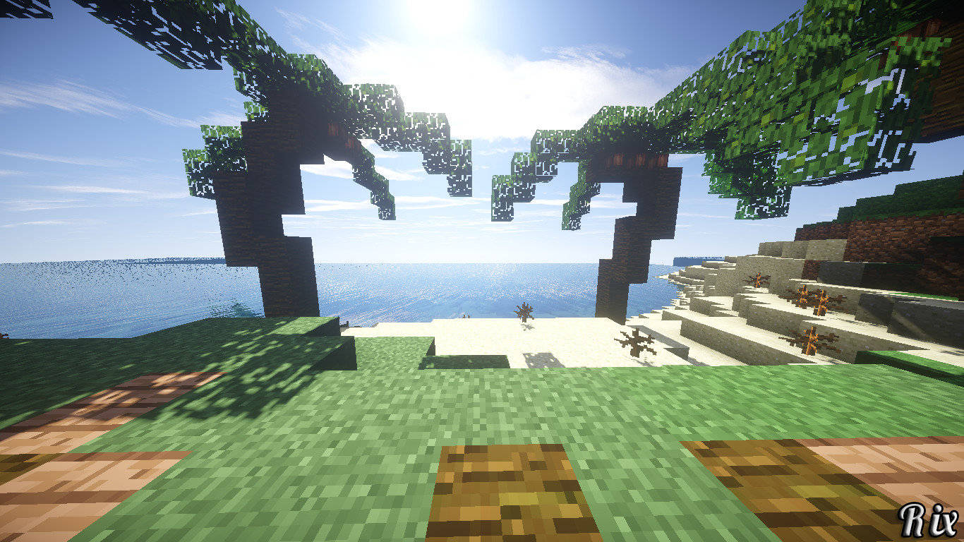 電玩遊戲 桌布 壁紙 — 一個Minecraft海灘場景，像素化樹木漂浮在水面上，陽光明媚。