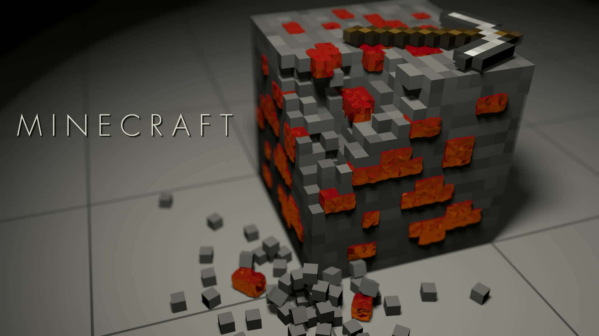 Minecraft Redstone 桌布 壁紙 — 一個Minecraft熔岩方塊，帶有發光的橙色岩漿和散落在瓷磚地板上的灰色方塊。