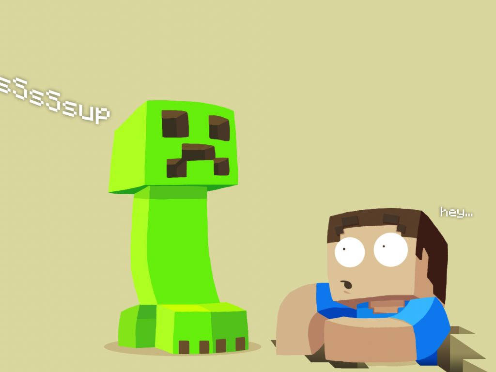 Herobrine 桌布 壁紙 — 一個Minecraft爬行者和Steve在純米色背景上以對話框對峙。