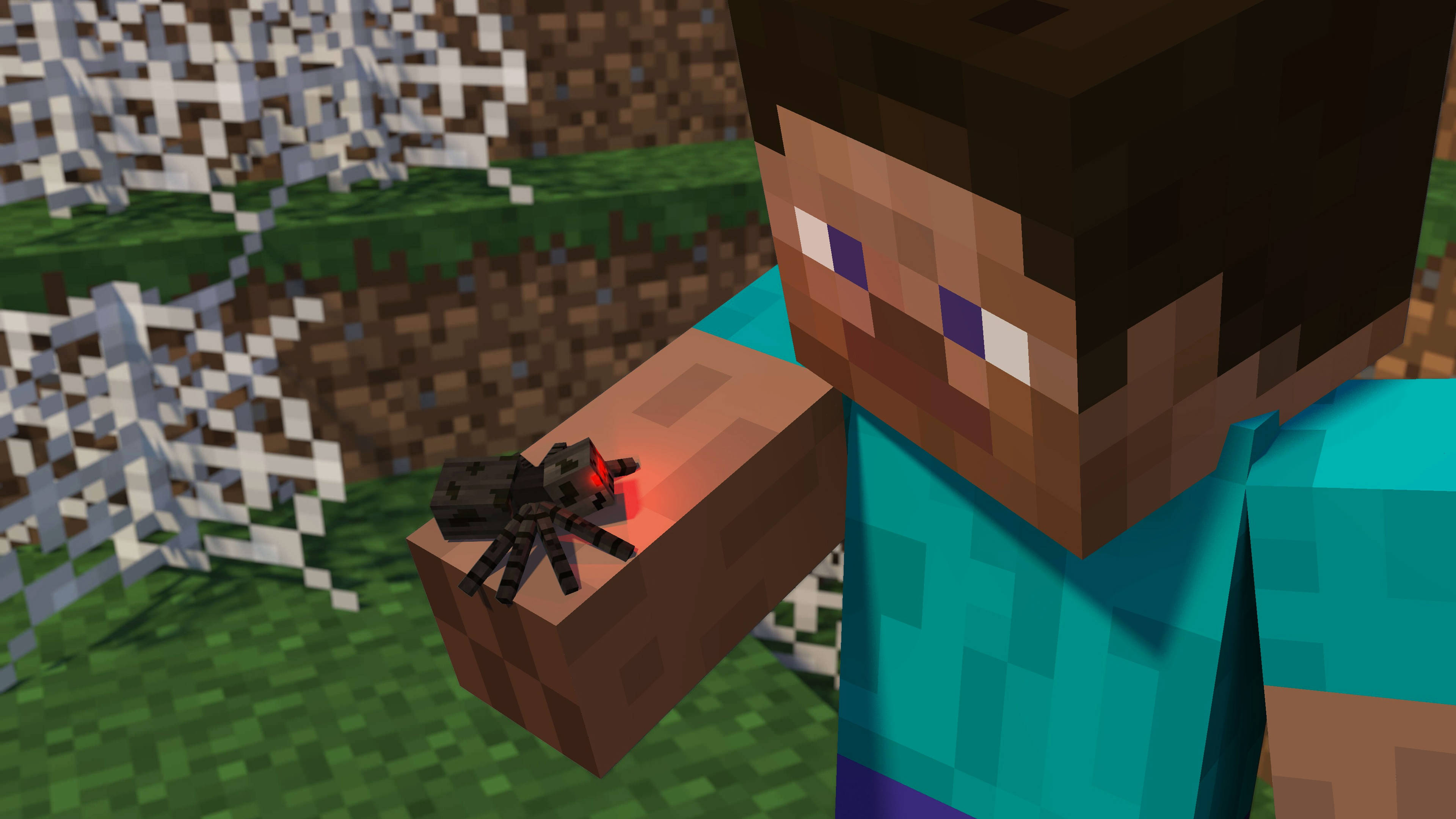 我的世界 史蒂夫 桌布 壁紙 — 一個Minecraft玩家在像素化的草地生物群落中，在雪地地形上抱著一隻發光紅眼蜘蛛。