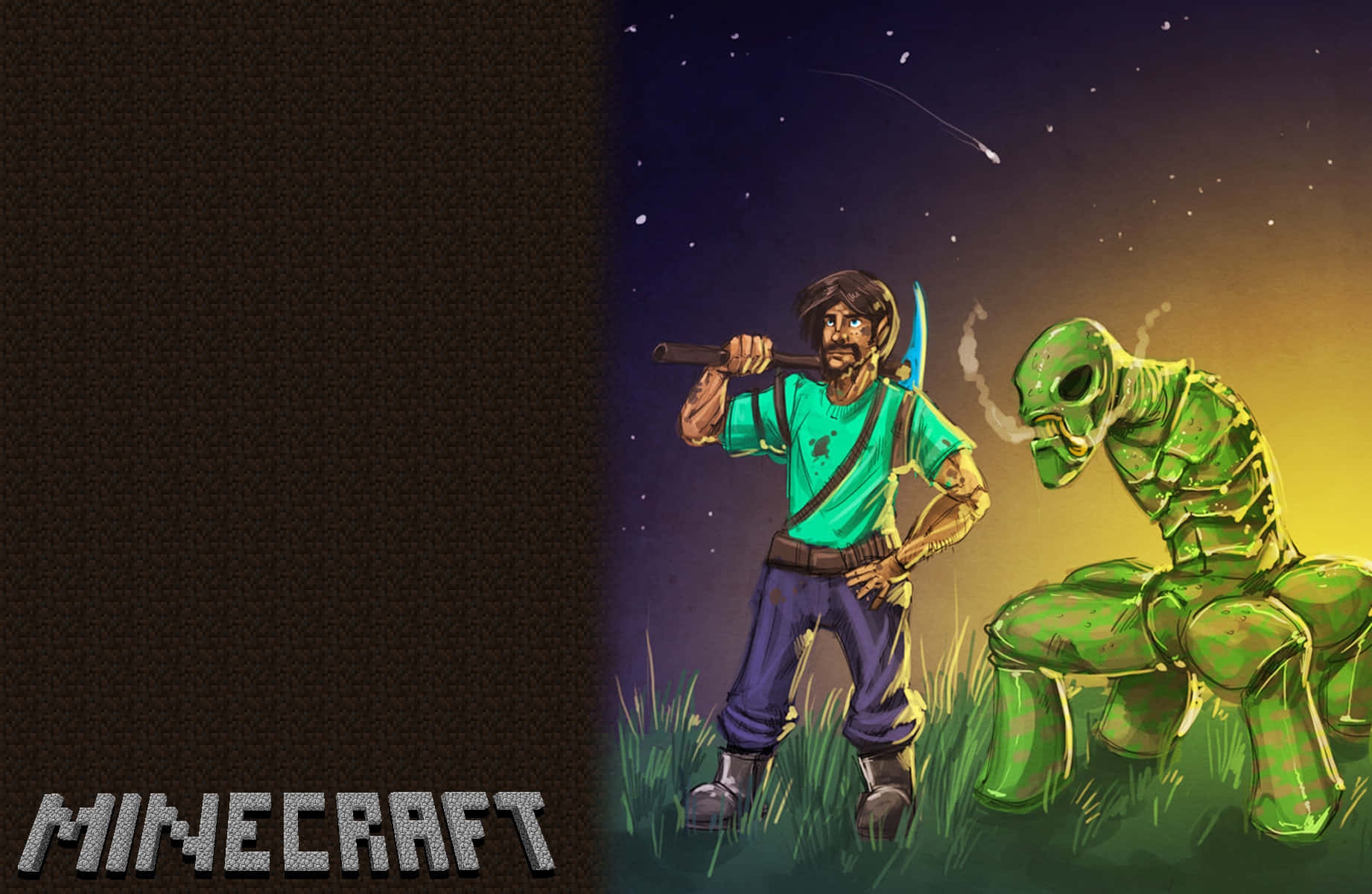 Minecraft Fan Art 桌布 壁紙 — 一個Minecraft玩家在星空下，手持劍對抗發光的綠色殭屍，表現出挑釁姿態。