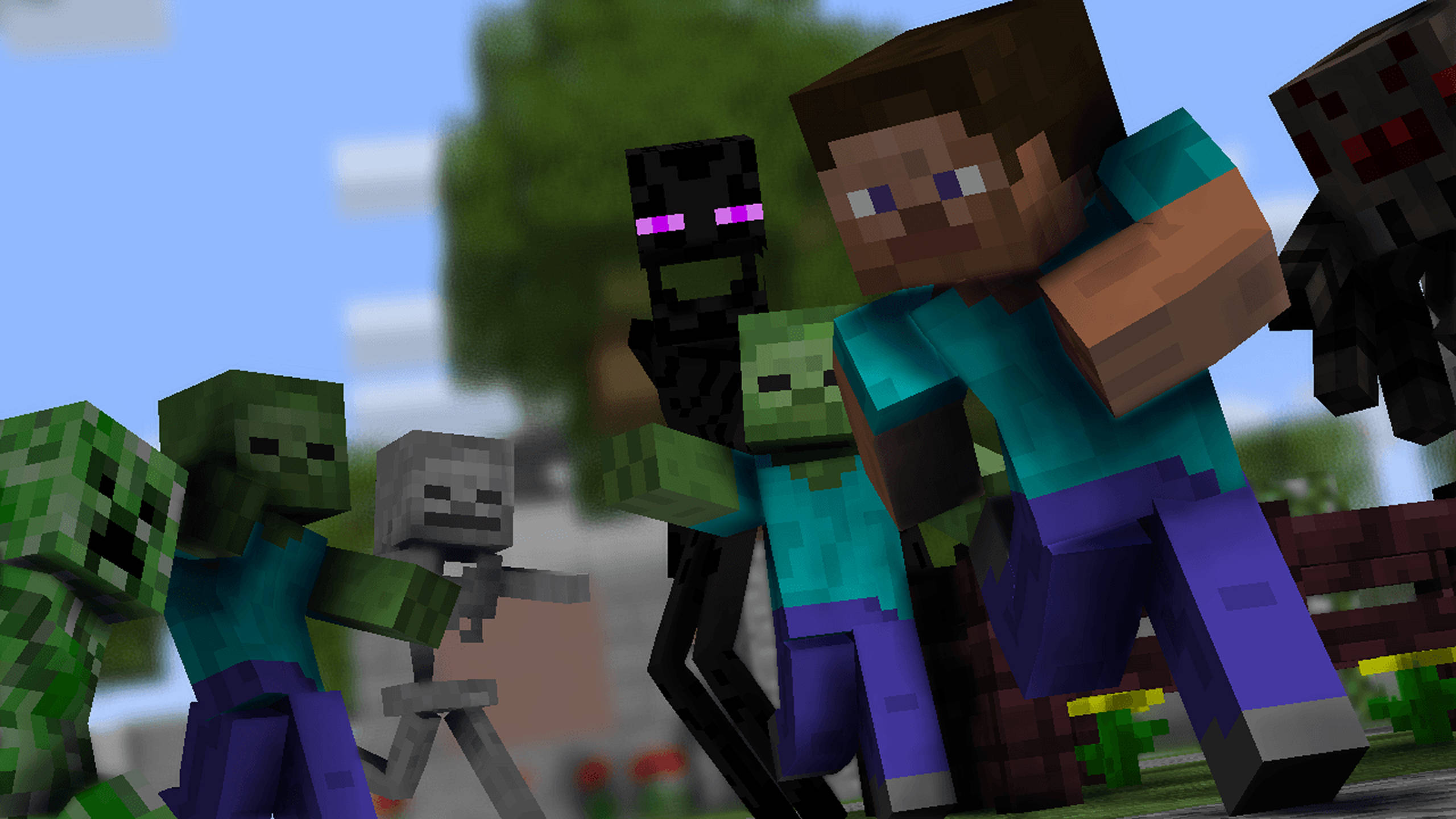 我的世界 史蒂夫 桌布 壁紙 — 一個Minecraft玩家挑釁地站在一群殭屍、骷髏和苦力怕中間，身處一個方塊像素化的戶外場景。