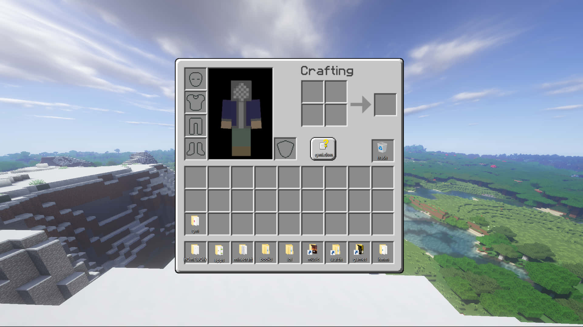 Minecraft Phone 桌布 壁紙 — 一個Minecraft玩家的合成介面漂浮在一個白雪覆蓋的懸崖上，俯瞰著一個翠綠的山谷，背景是晴朗的藍天。