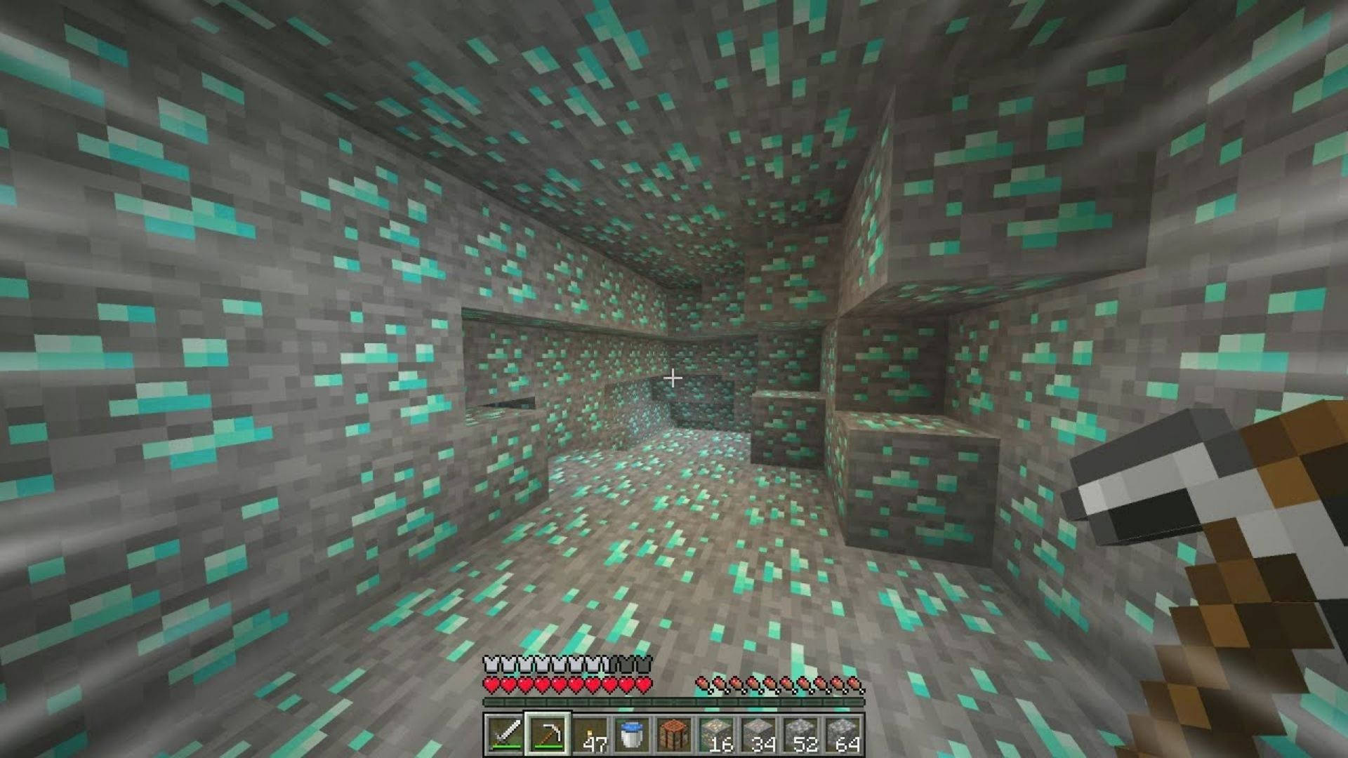 我的世界 鑽石 桌布 壁紙 — 一個Minecraft玩家站在一個昏暗的地下房間，房間內排列著發光的綠色方塊。