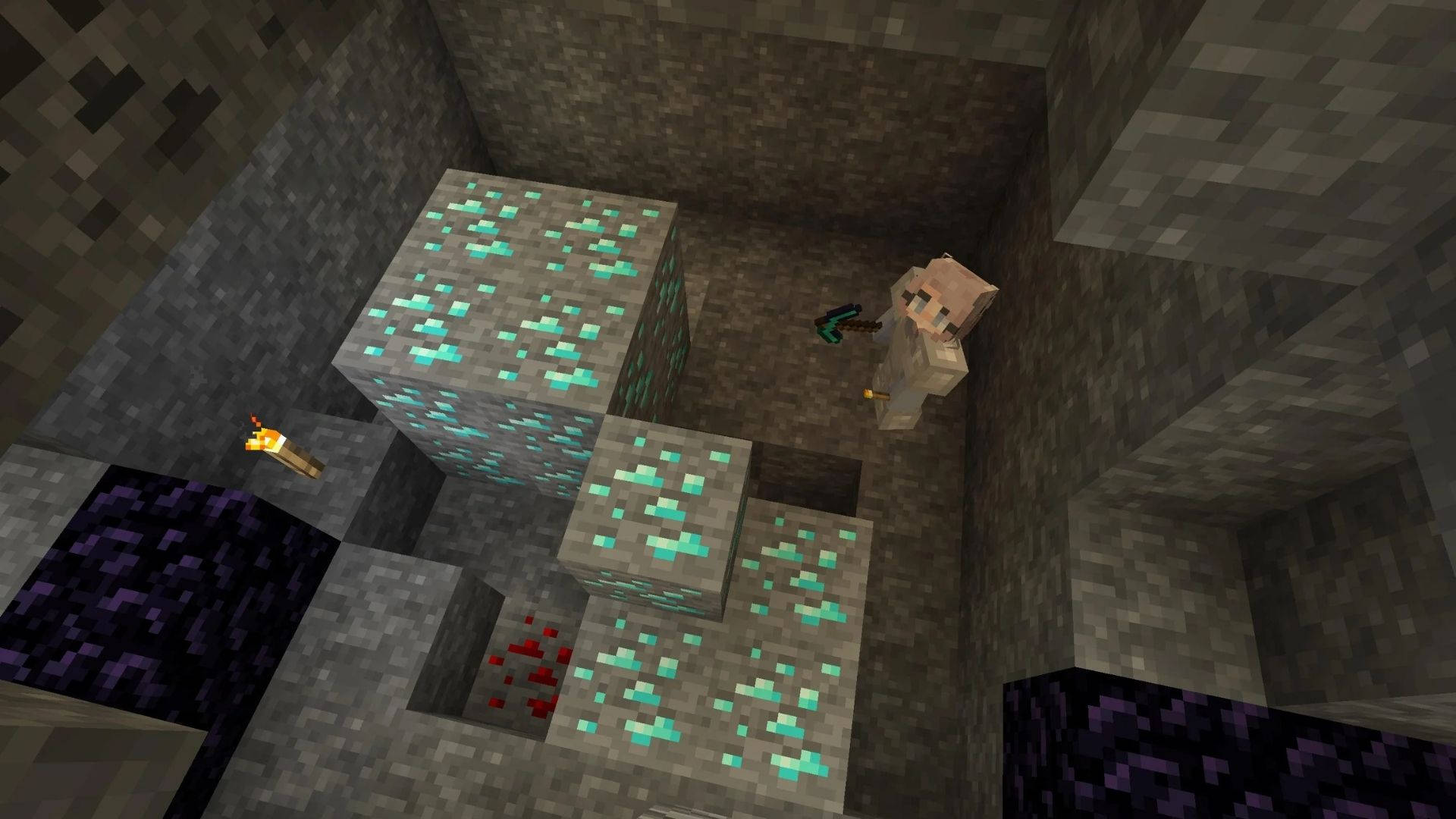 我的世界 鑽石 桌布 壁紙 — 一個Minecraft玩家站在一個昏暗的石室中，周圍是發光的綠寶石方塊和一個發出溫暖光線的火把。