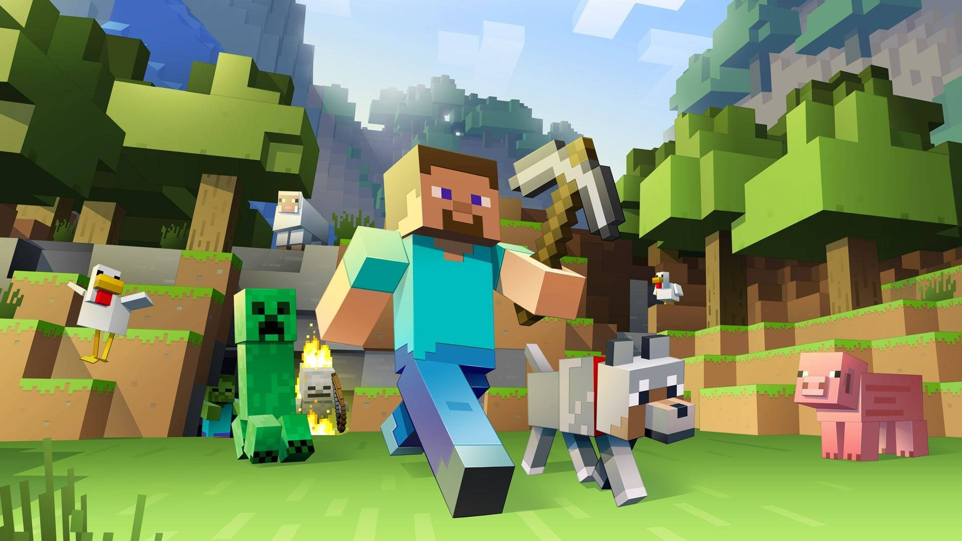 最佳我的世界 桌布 壁紙 — 一個Minecraft玩家站在一個方塊森林中，有苦力怕、羊、豬和雞，是一個明亮的白天場景。