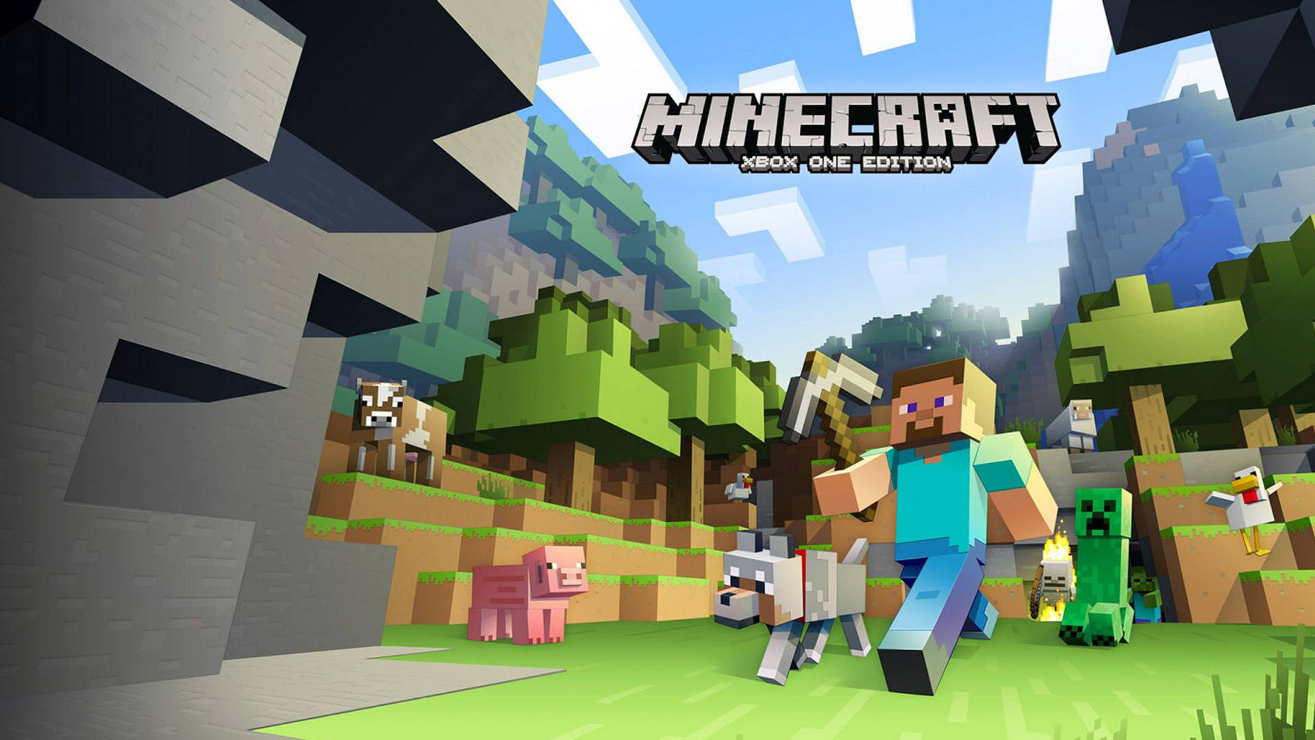  壁紙 — 一個Minecraft玩家站在一個方塊森林中，附近有動物和一個苦力怕，天空明亮。