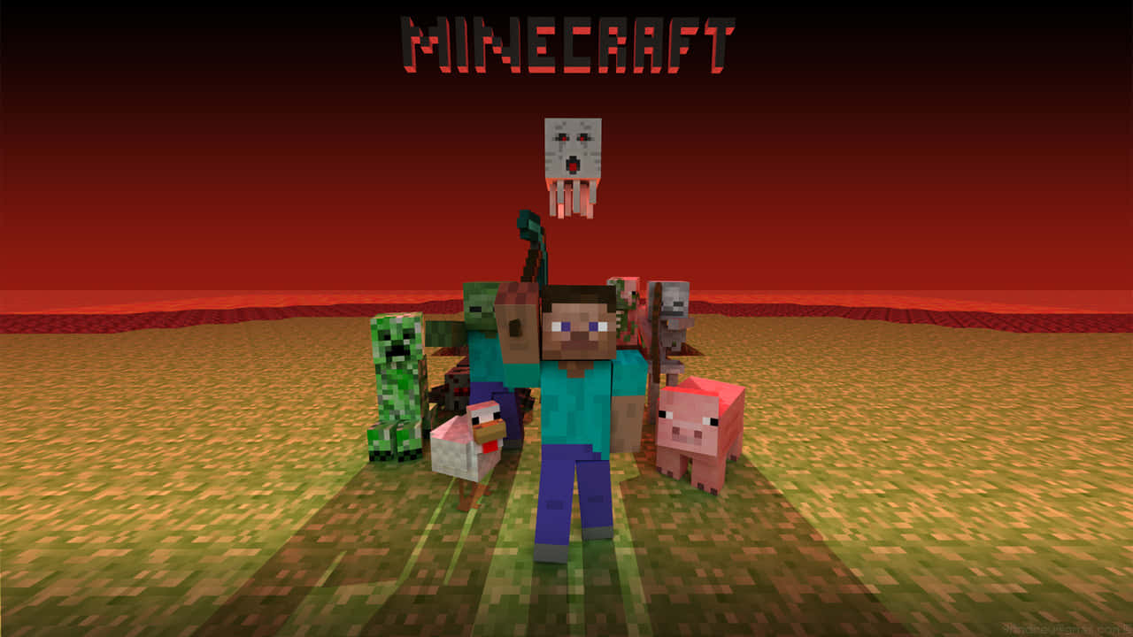 720p Minecraft 桌布 壁紙 — 一個Minecraft玩家站在地獄中，身後有爬行者豬殭屍和地獄幽靈，背景是火紅的天空。