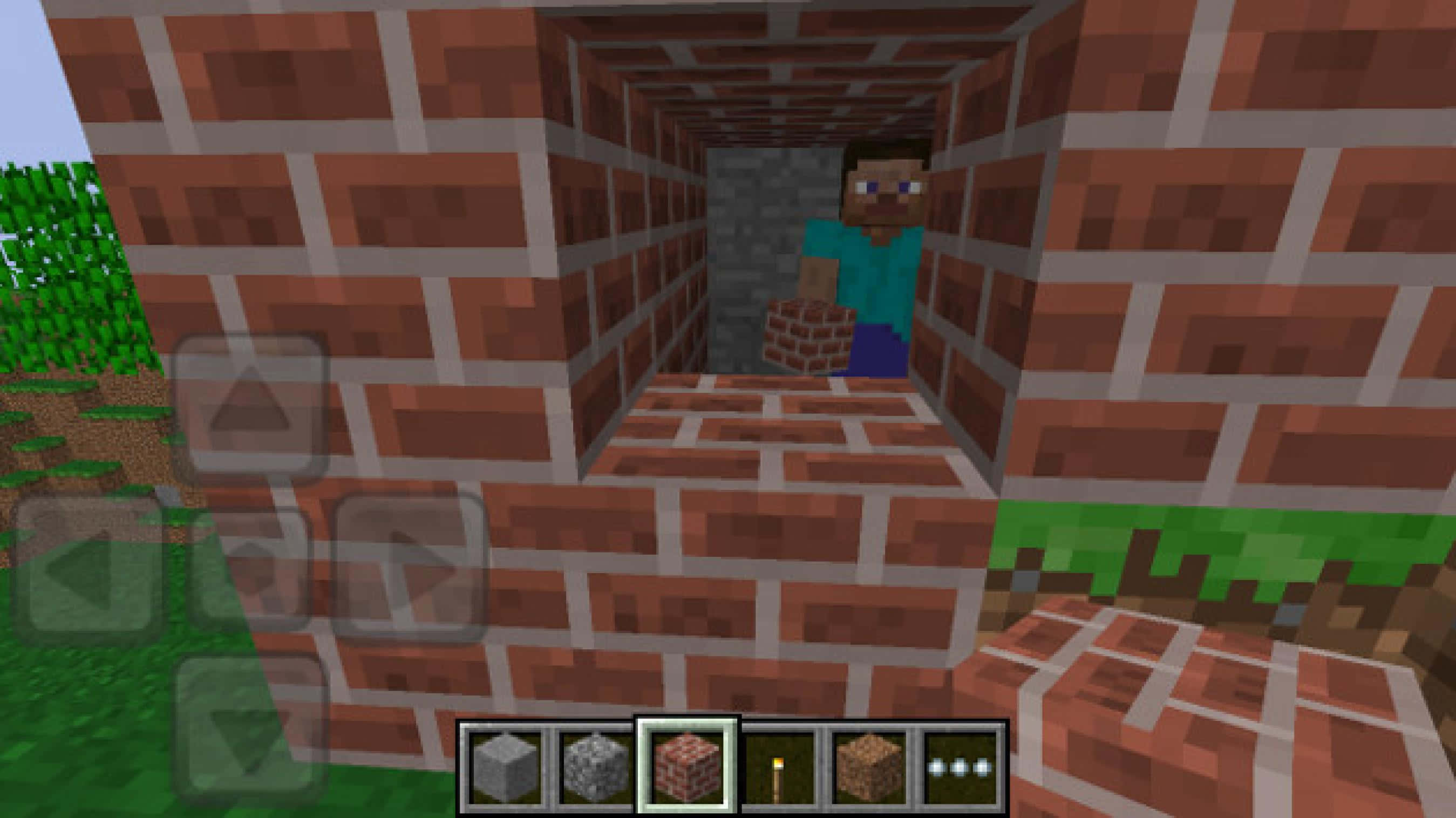 Minecraft Pocket Edition 桌布 壁紙 — 一個Minecraft玩家站在狹窄的磚隧道中，手持一個磚塊，外面可見草地地形。