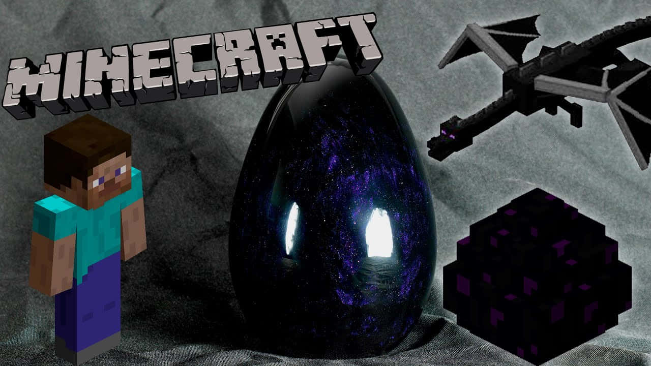 Ender Dragon 桌布 壁紙 — 一個Minecraft玩家站在發光的紫色龍蛋旁邊，背景是方塊石頭，有一條黑龍和地獄疣方塊。
