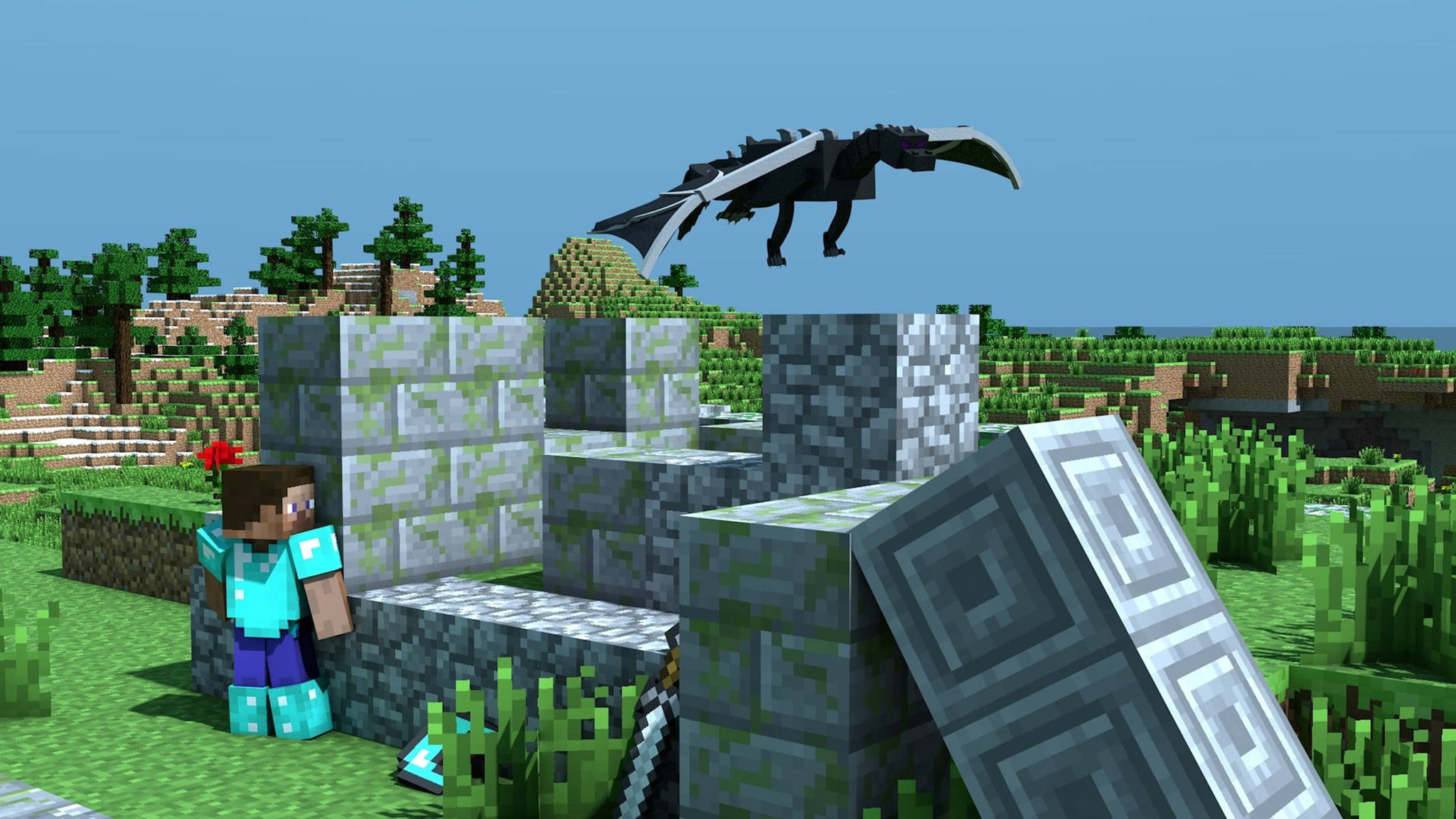 我的世界 史蒂夫 桌布 壁紙 — 一個Minecraft玩家站在石塊旁邊，一隻黑色龍在像素化草地景觀上空飛翔。