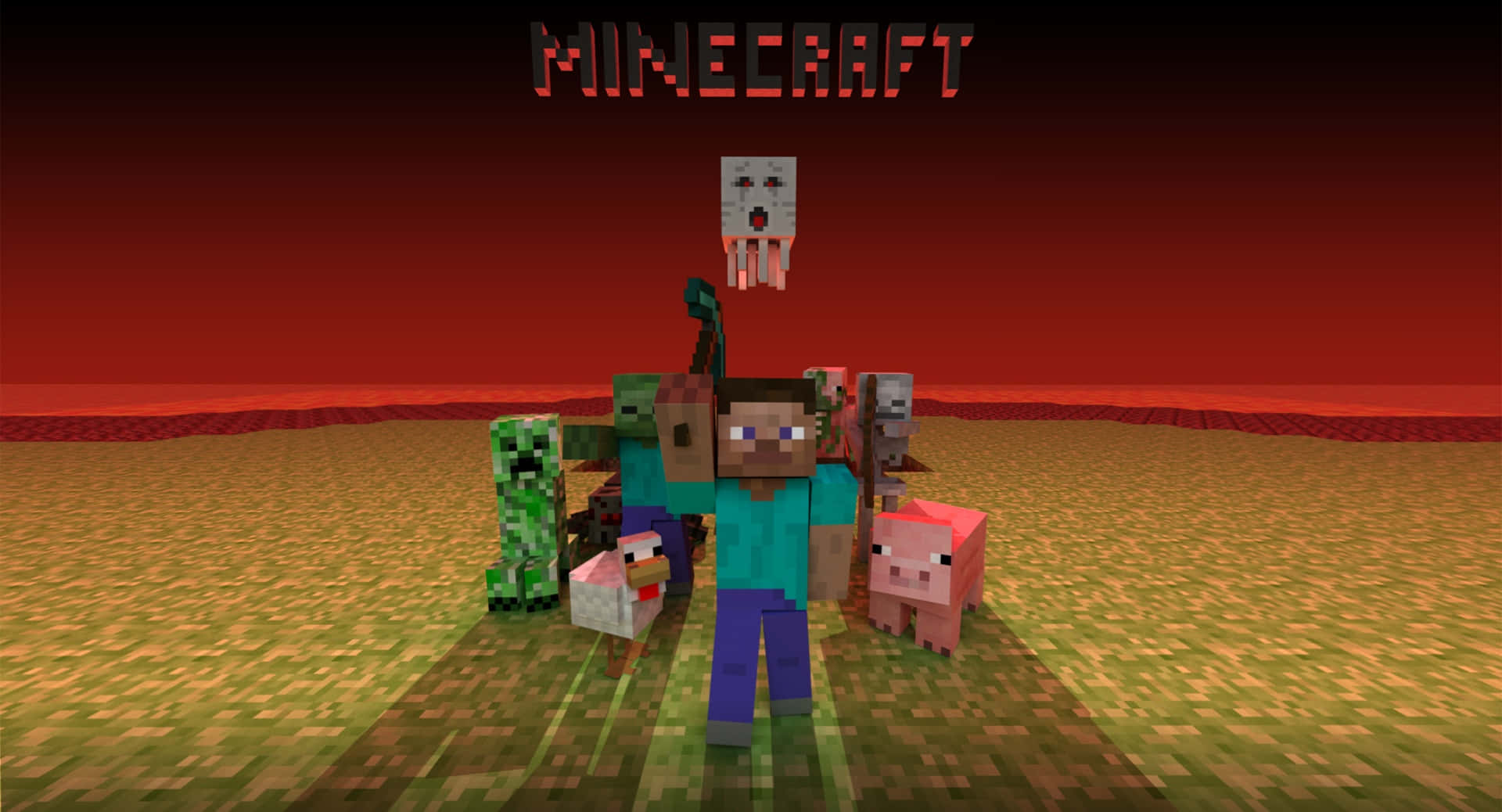 電玩遊戲 桌布 壁紙 — 一個Minecraft玩家與一個苦力怕豬殭屍和一個地獄幽靈站在像素化的紅色日落景觀中。